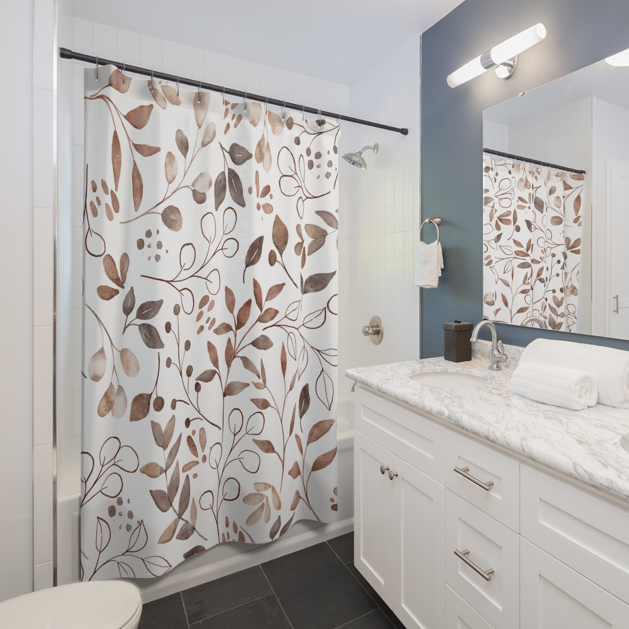 Boho Shower Curtain | Abstract Floral Leaves, Brown White