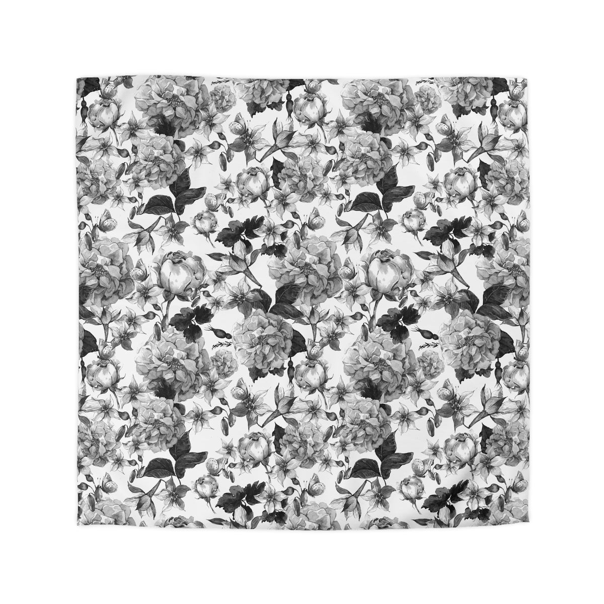 a repeating floral pattern in black and white.