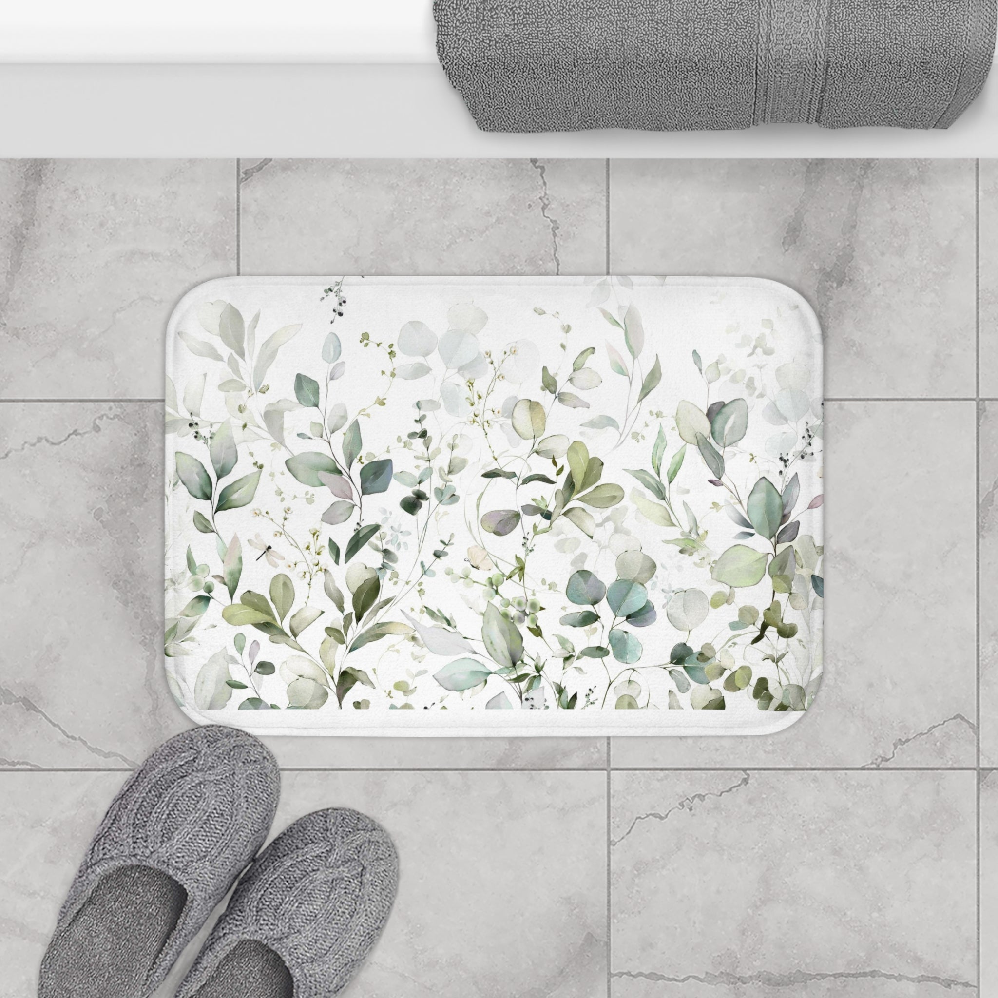 Floral Boho Bath, Kitchen Mat, Rug | White Sage Green Eucalyptus Leaves