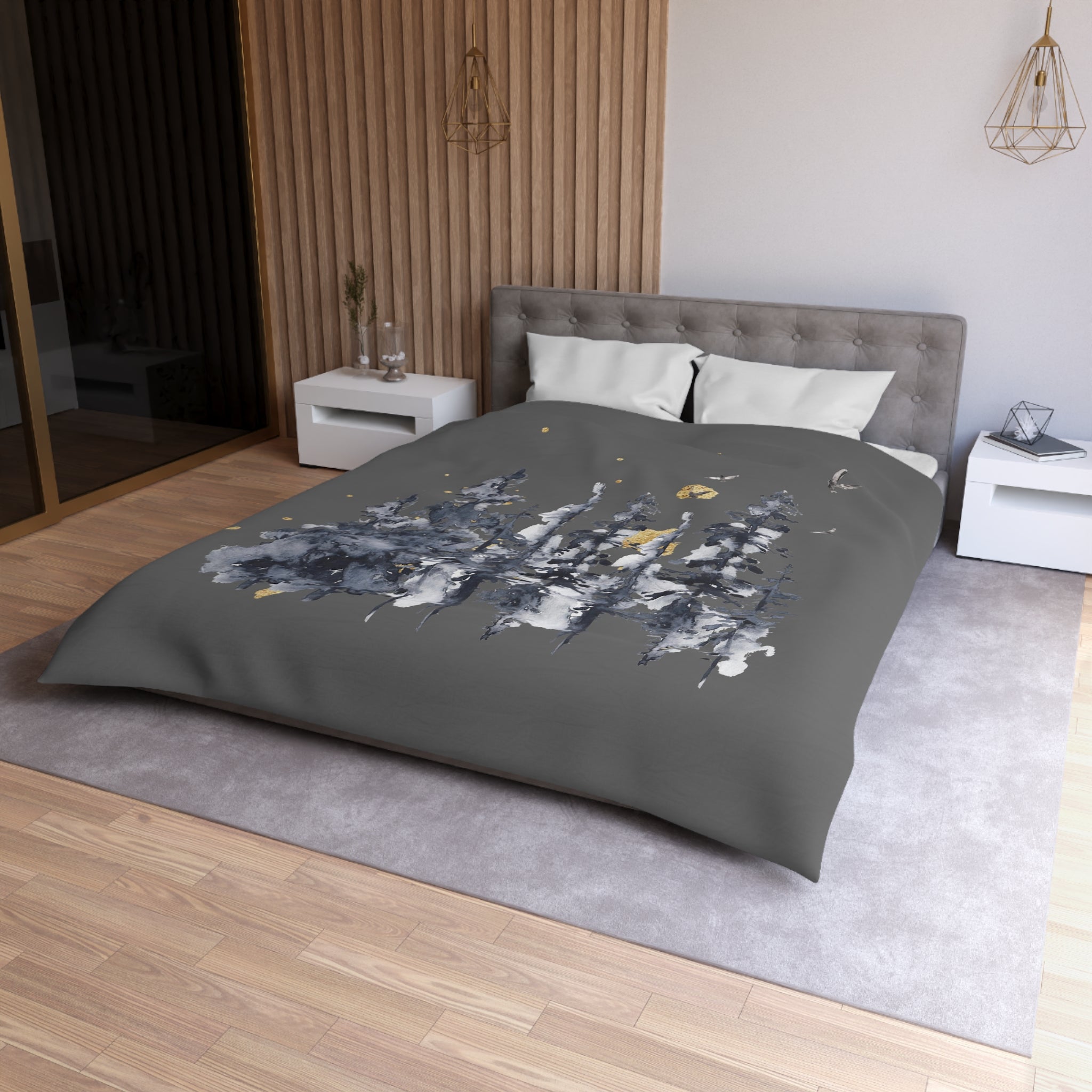 Abstract Duvet Cover | Dark Gray, Navy Trees Woodlands | Bedroom Decor