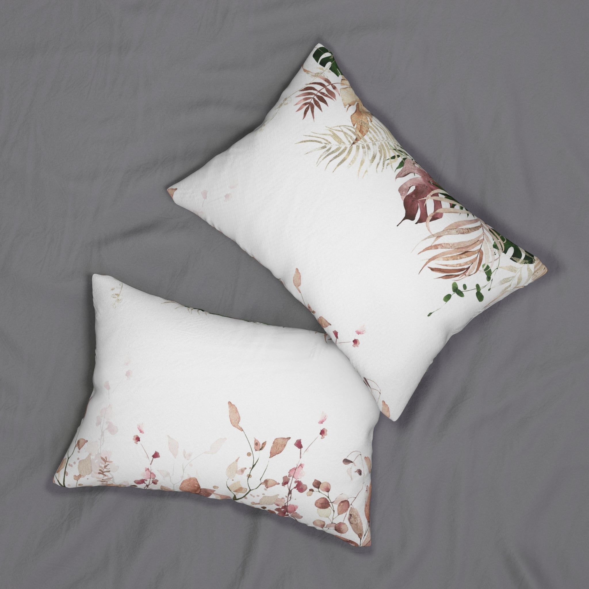 Boho Lumbar Pillow | White Beige Pink Leaves Floral