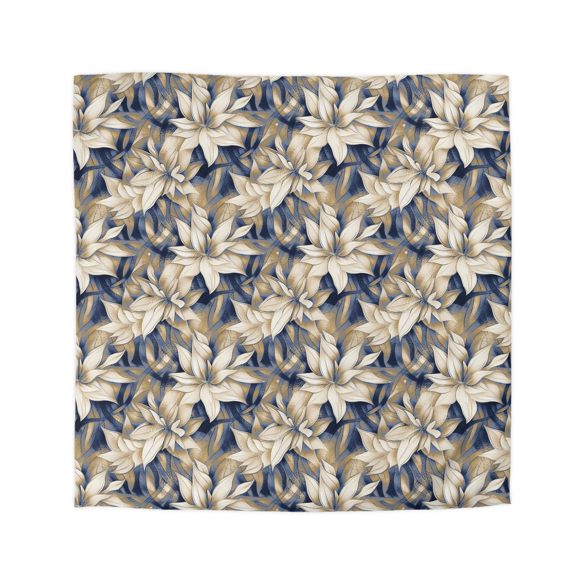 a square pattern with a repeating design of white and blue flowers or leaves.