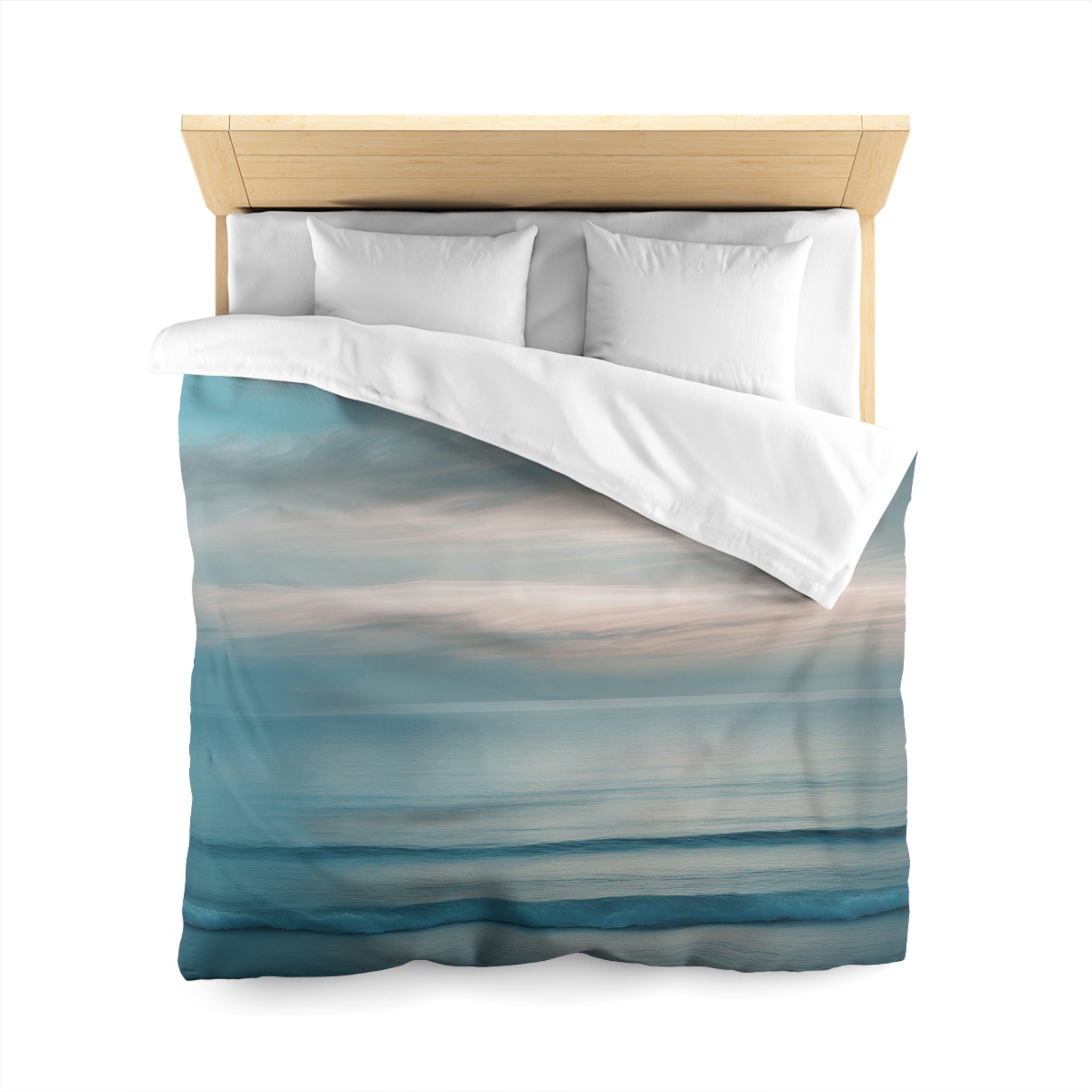 a bed with a blue and white striped comforter and pillows, set against a white background.