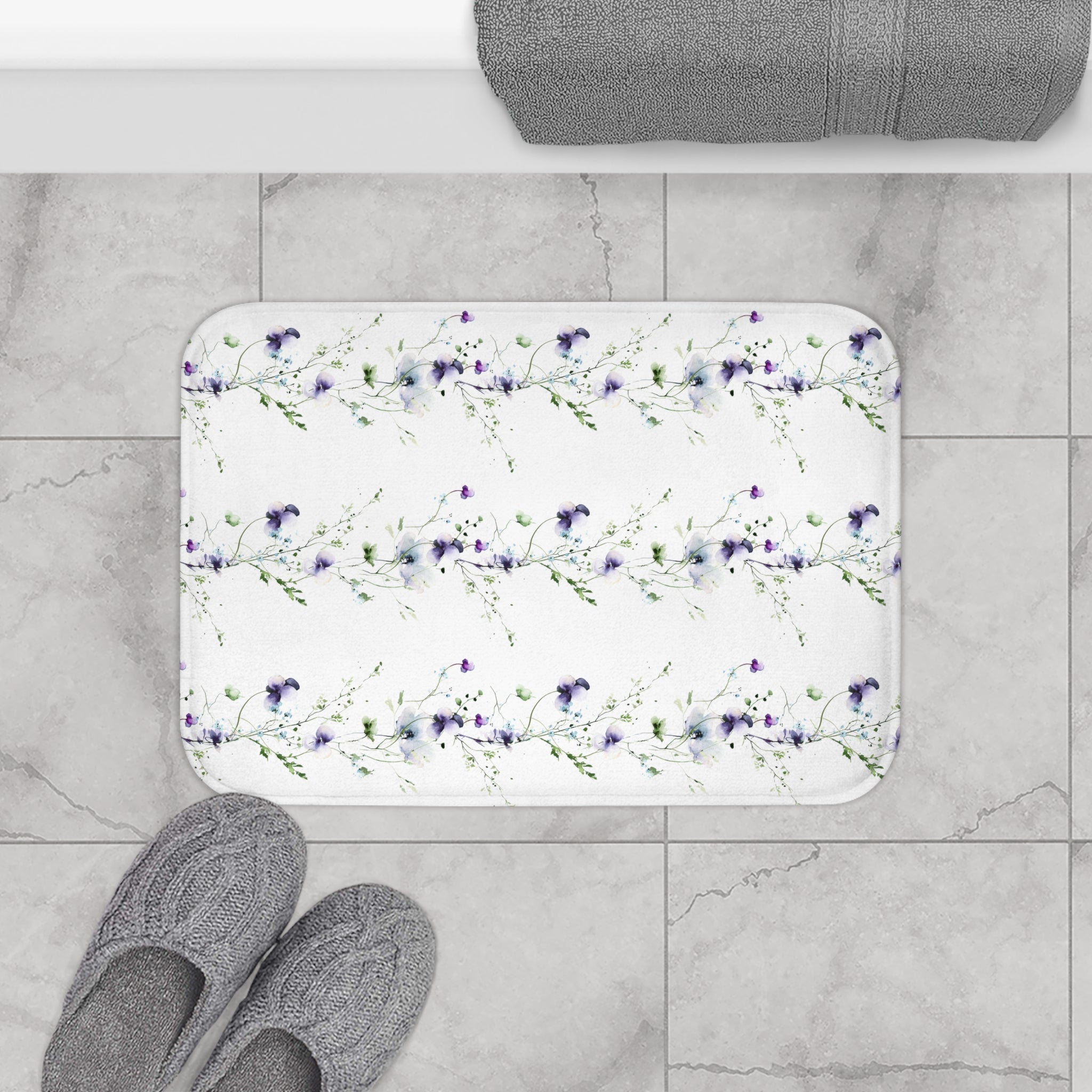 Floral Bath Mat | White Purple Sage Green, Nature Kitchen Mat