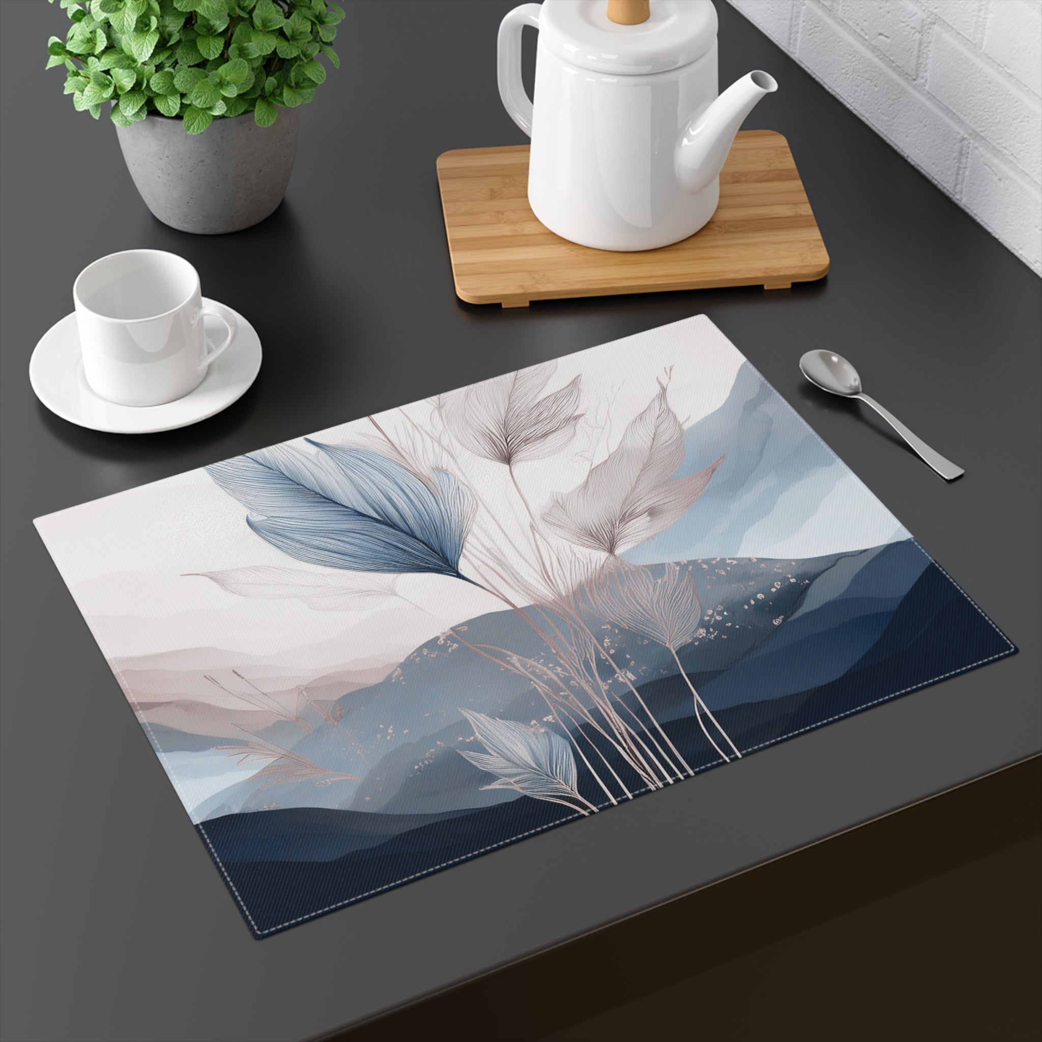 Placemat - Floral Dining Table Placemats, Navy Blue White, Beige Leaves