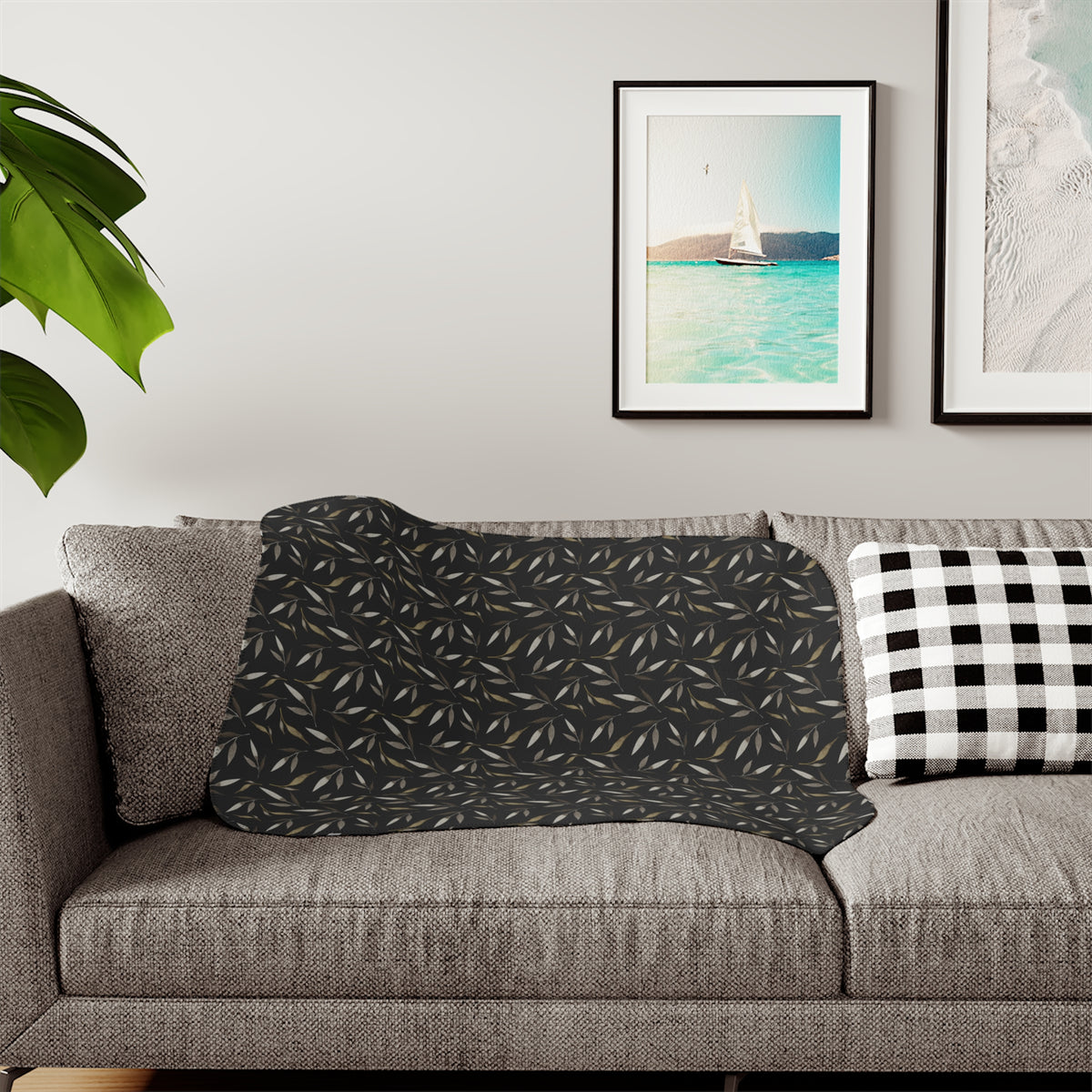 Black Beige Willow Leaf Sherpa Blanket | Moody Botanical Throw