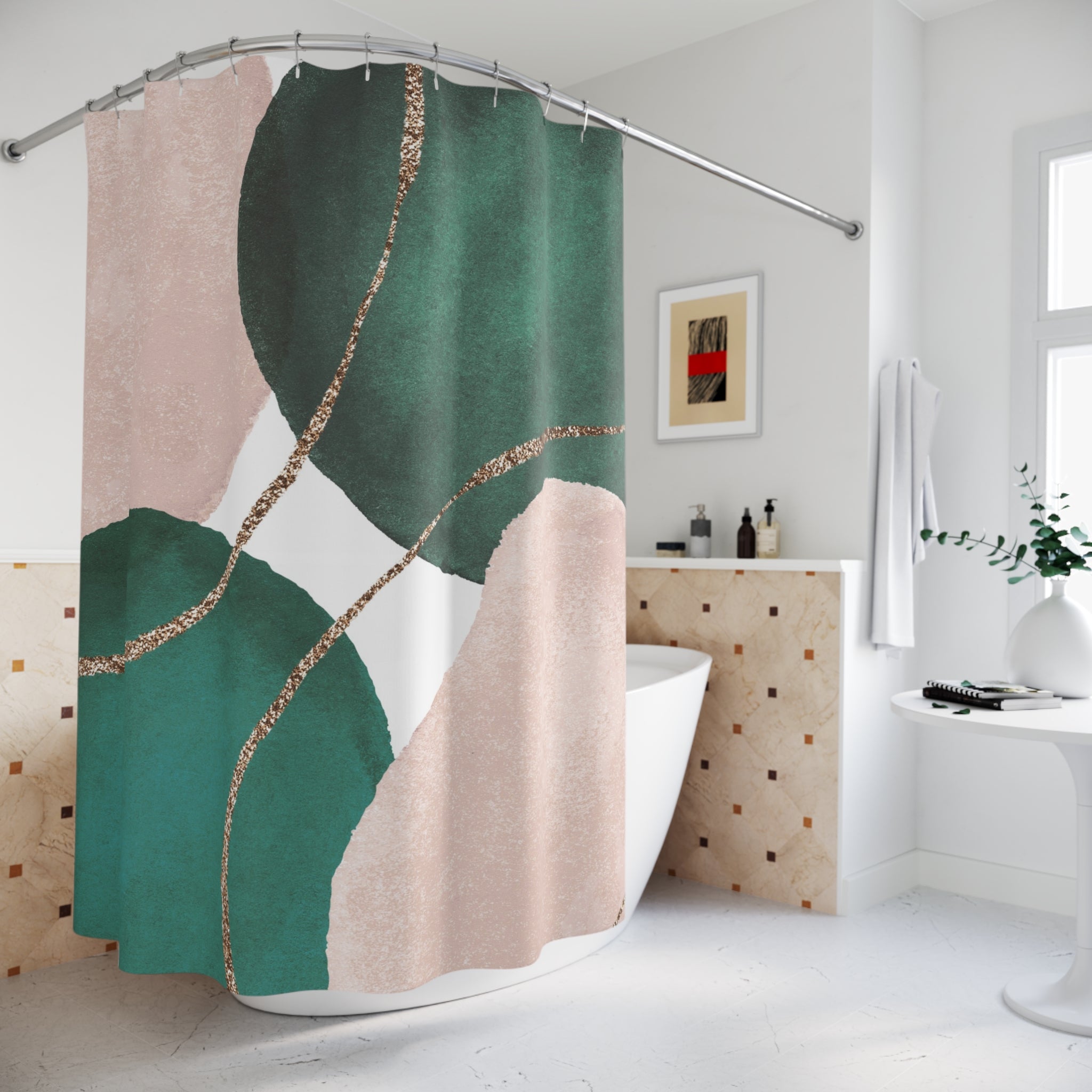 Boho Abstract Shower Curtain | Green Blush Pink Watercolor