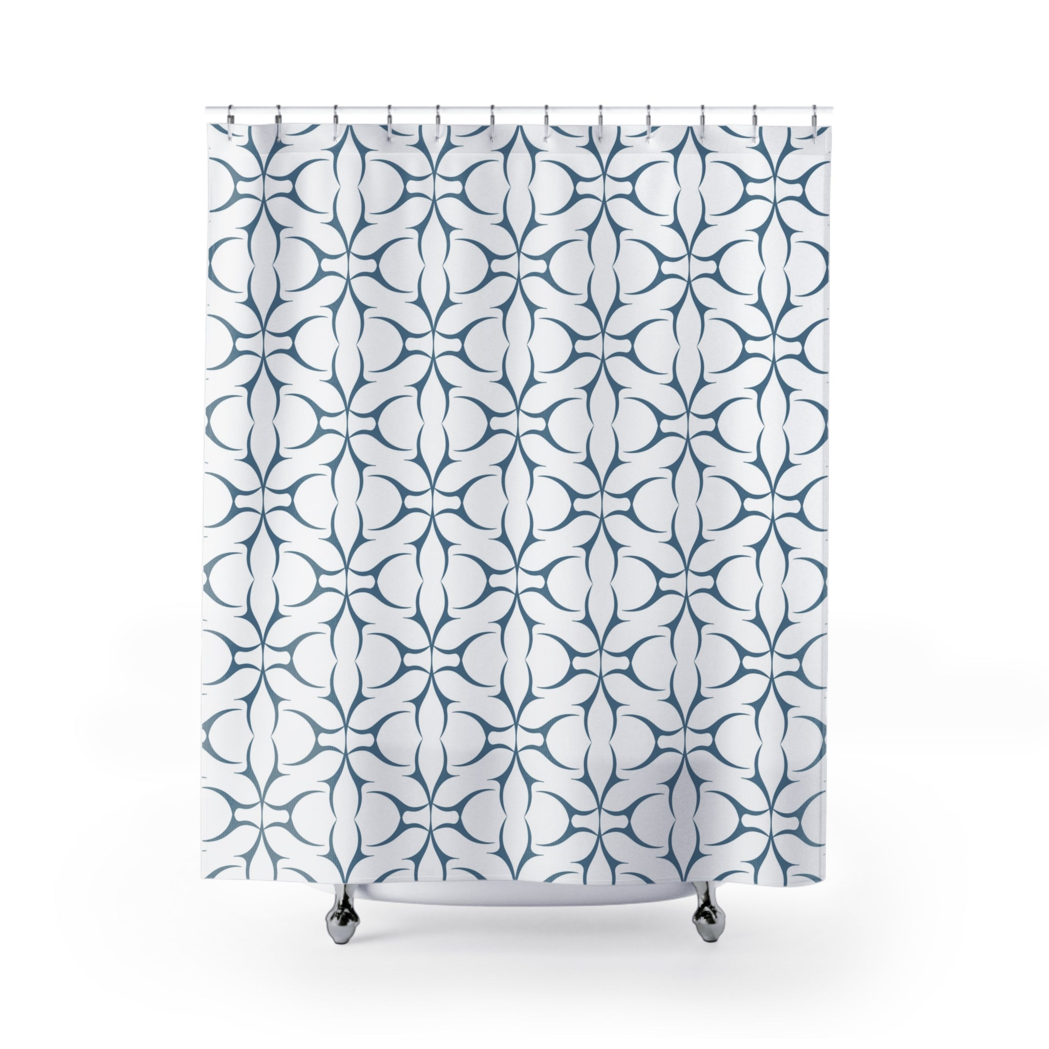 Boho Shower Curtain | Retro Art Deco White Blue Geometric