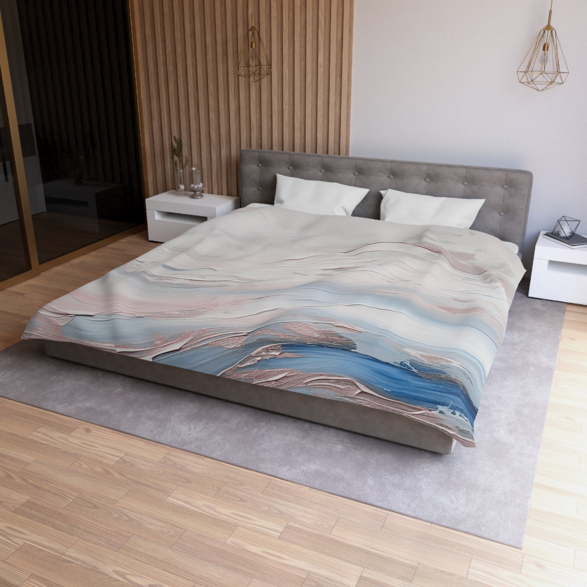 a modern bedroom with a large bed, a gray headboard, and a wooden wall. The bed is covered with a colorful, abstract-patterned comforter.