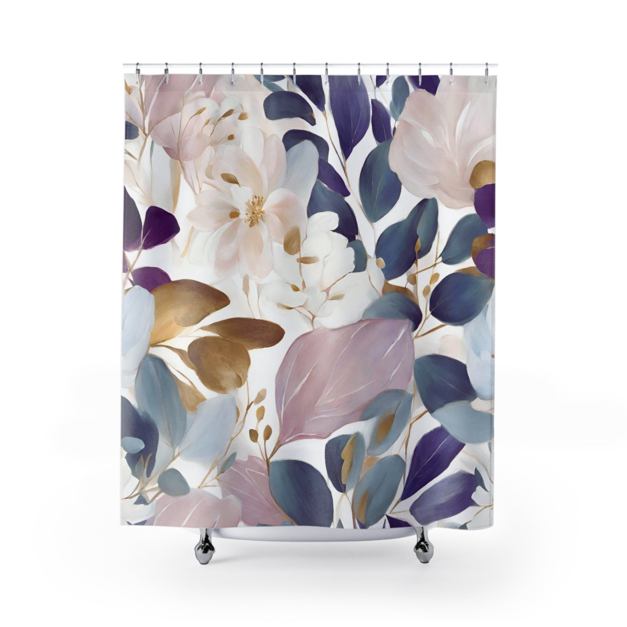 Boho Shower Curtain | Abstract Floral, Teal Navy blue Leaves