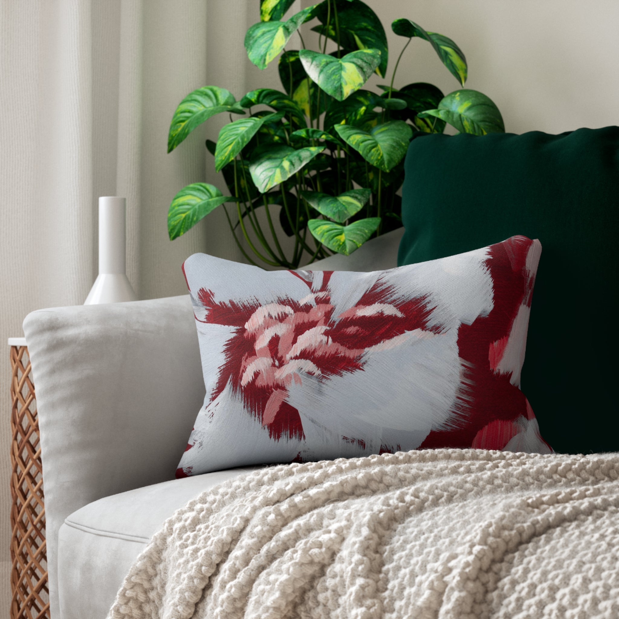 Abstract Floral Lumbar Pillow | Grey, Red Acrylic Paint Print