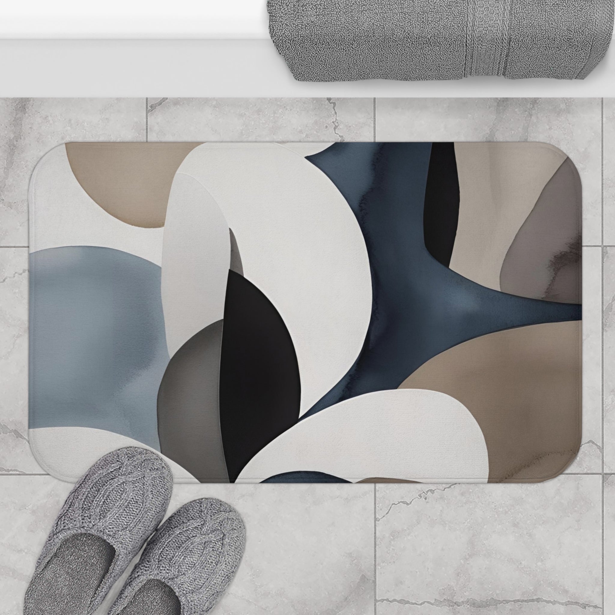 Abstract Bath Mat | Navy Blue, Taupe White Kitchen Mat