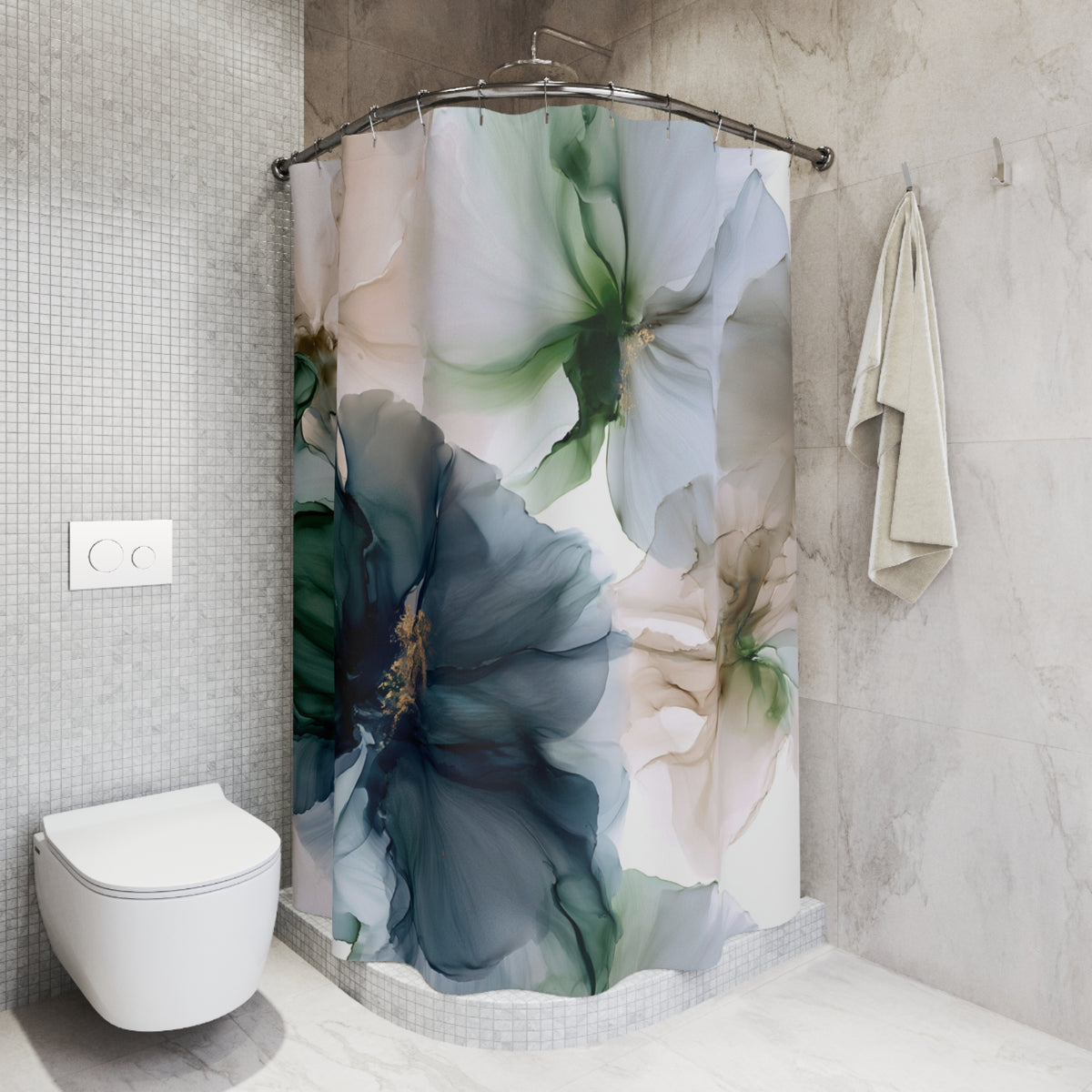 a white toilet sitting next to a shower curtain