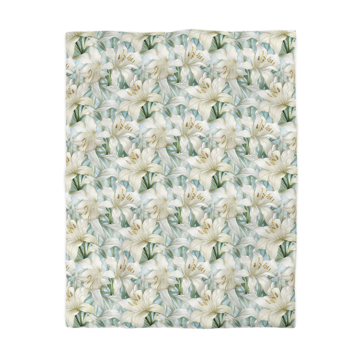 a repeating pattern of white lilies with green leaves, creating a visually appealing and harmonious design.