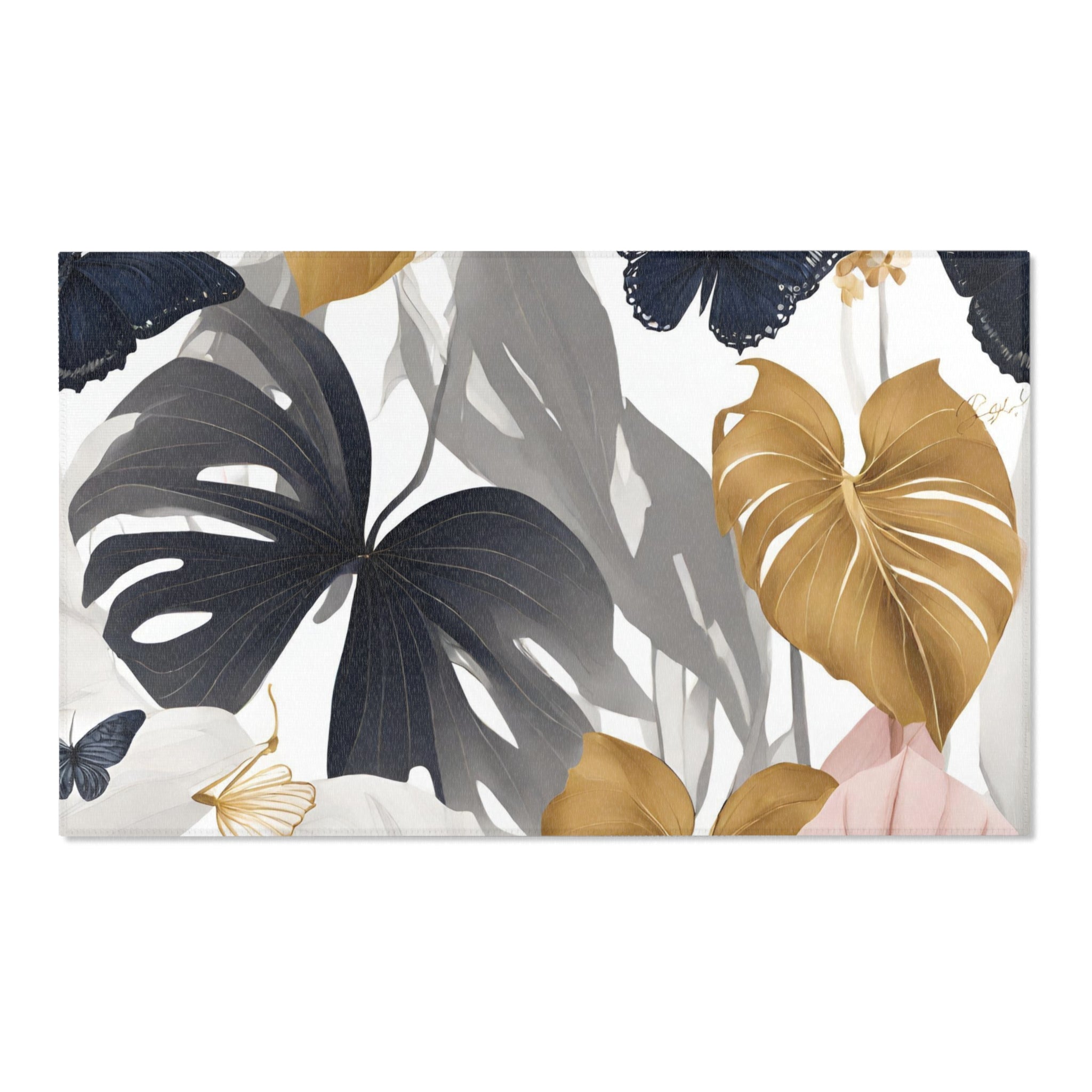 Floral Area Rug | Modern Grey, Navy Muted Gold, Pink Jungle Leaves