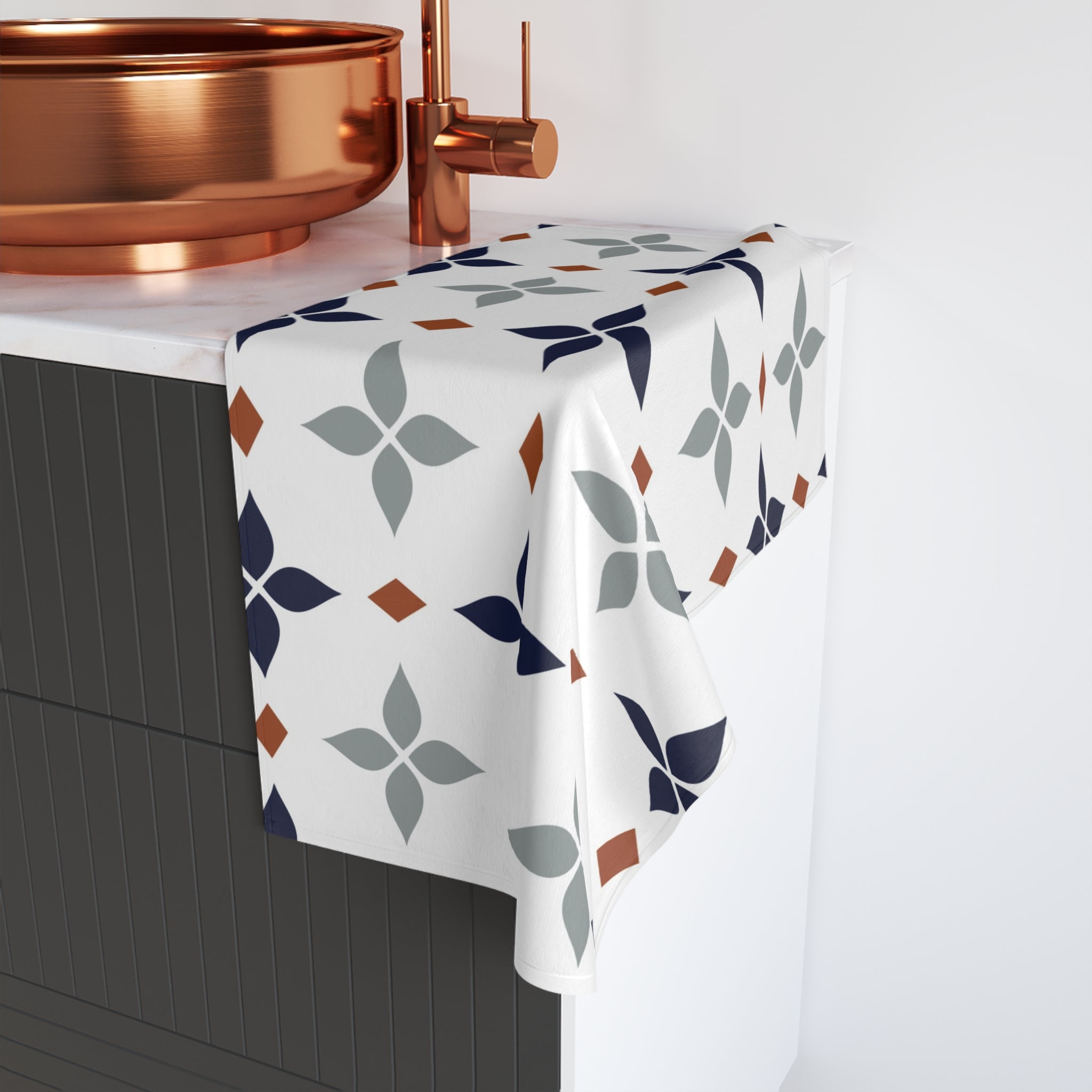 Retro Kitchen, Bath Hand Towel | Vintage Art Deco, Nouveau White, Navy Blue, Grey