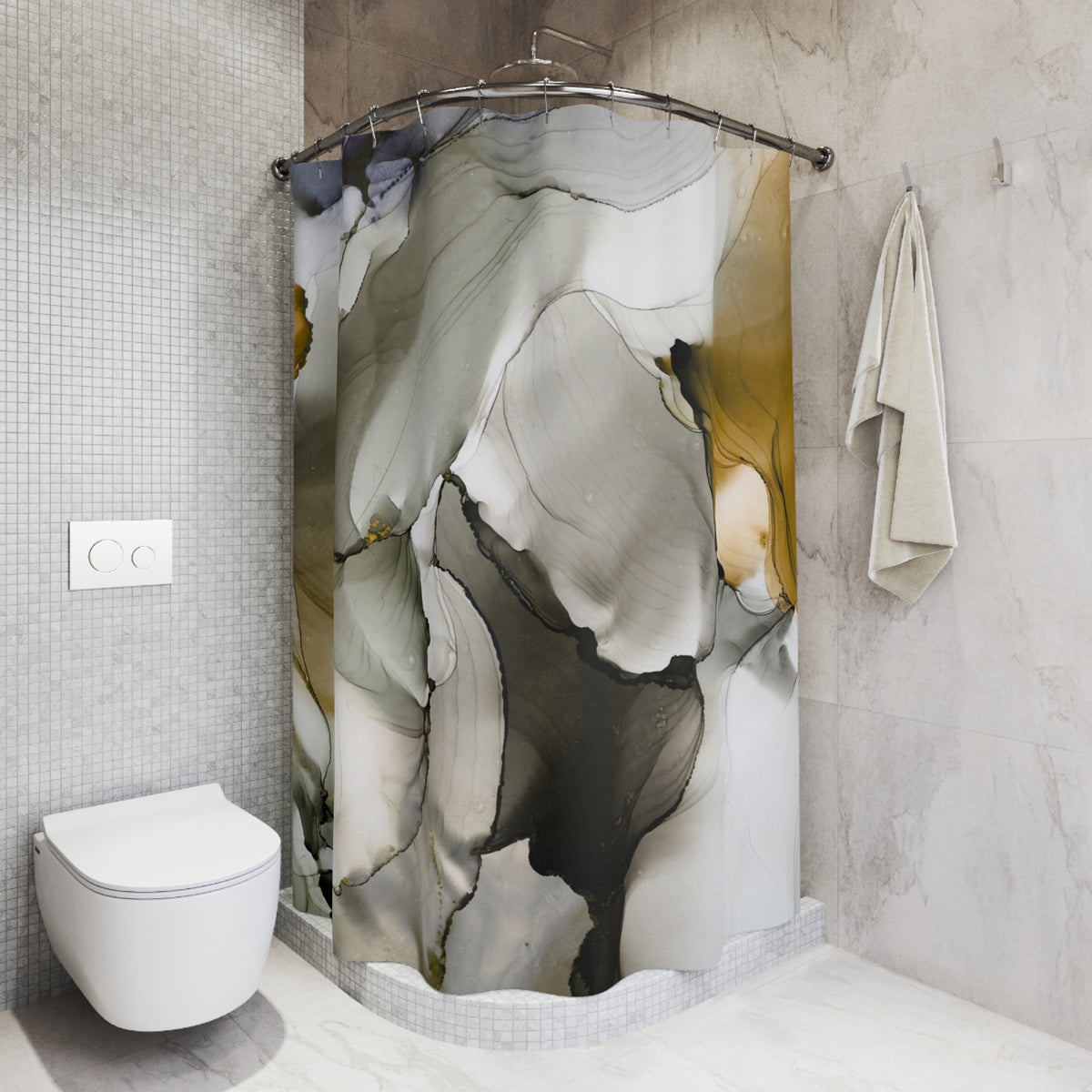 a modern bathroom with a shower curtain featuring abstract, colorful patterns. The shower curtain is hanging on a rod next to a towel. The bathroom has a white toilet and tiled walls, creating a clean and minimalist aesthetic.