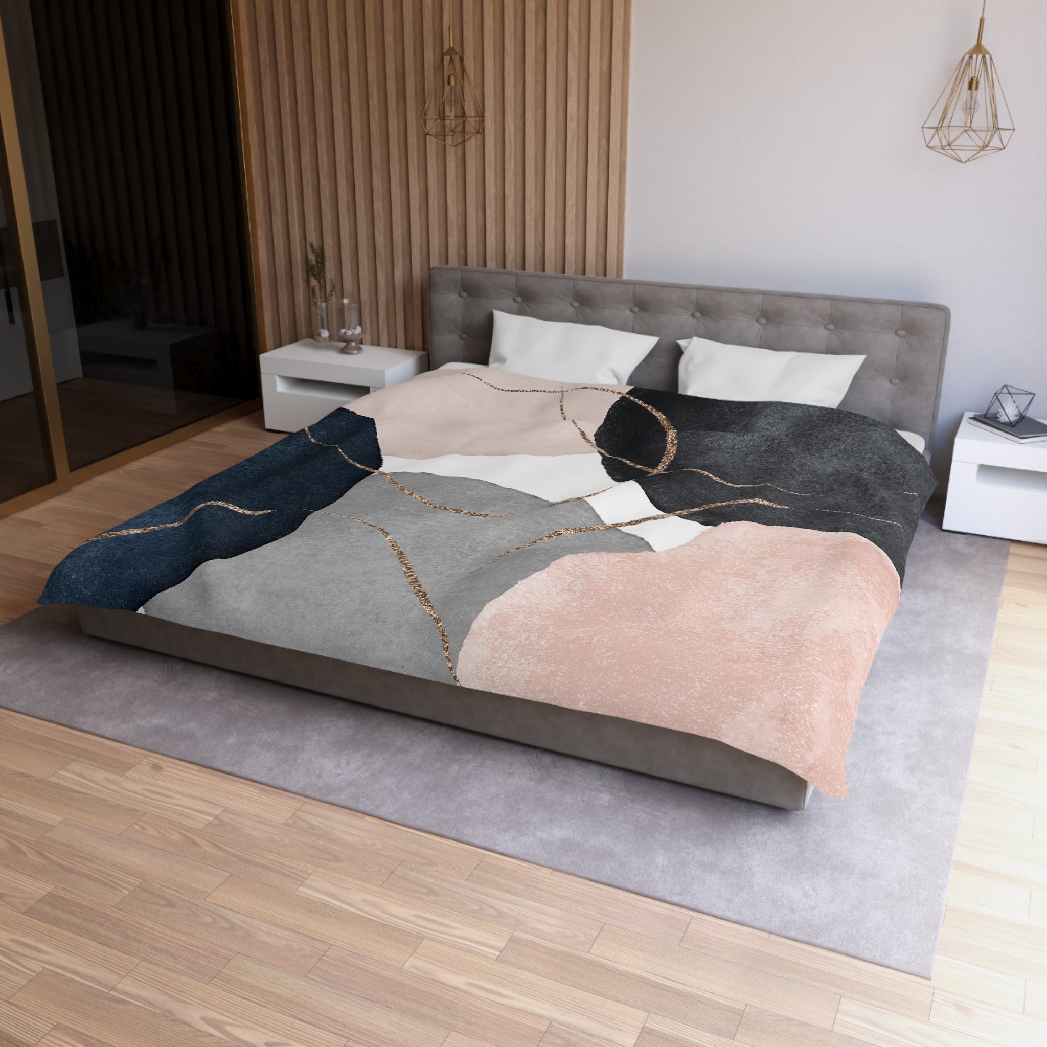 Abstract Duvet Cover | Grey, Blush Pink, Navy Blue White | Bedroom Decor