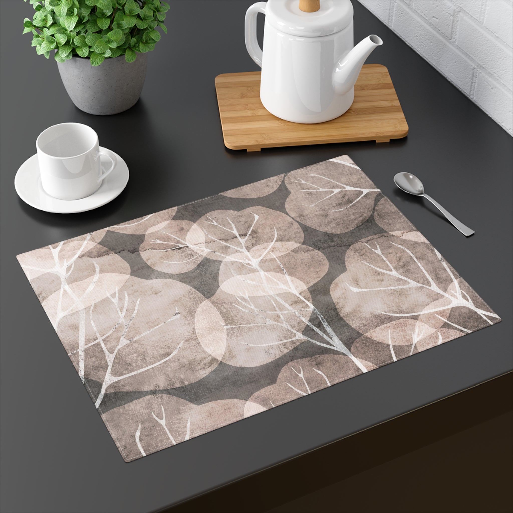 Placemat - Floral Dining Table Placemats, Watercolor Taupe White Leaves