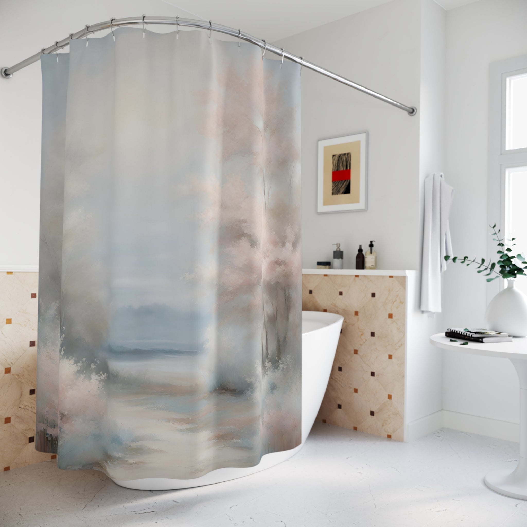 Boho Abstract Shower Curtain | Pastel Blue, Blush Pink Nature