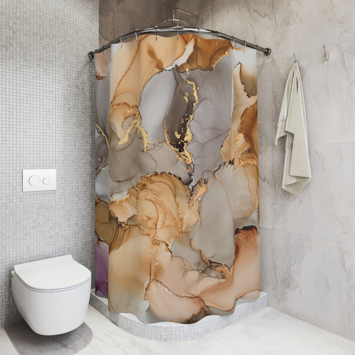 a bathroom with a shower curtain that has a marble-like pattern in shades of brown and beige. The shower curtain is hanging on a rod next to a towel. The bathroom also includes a toilet and a sink.