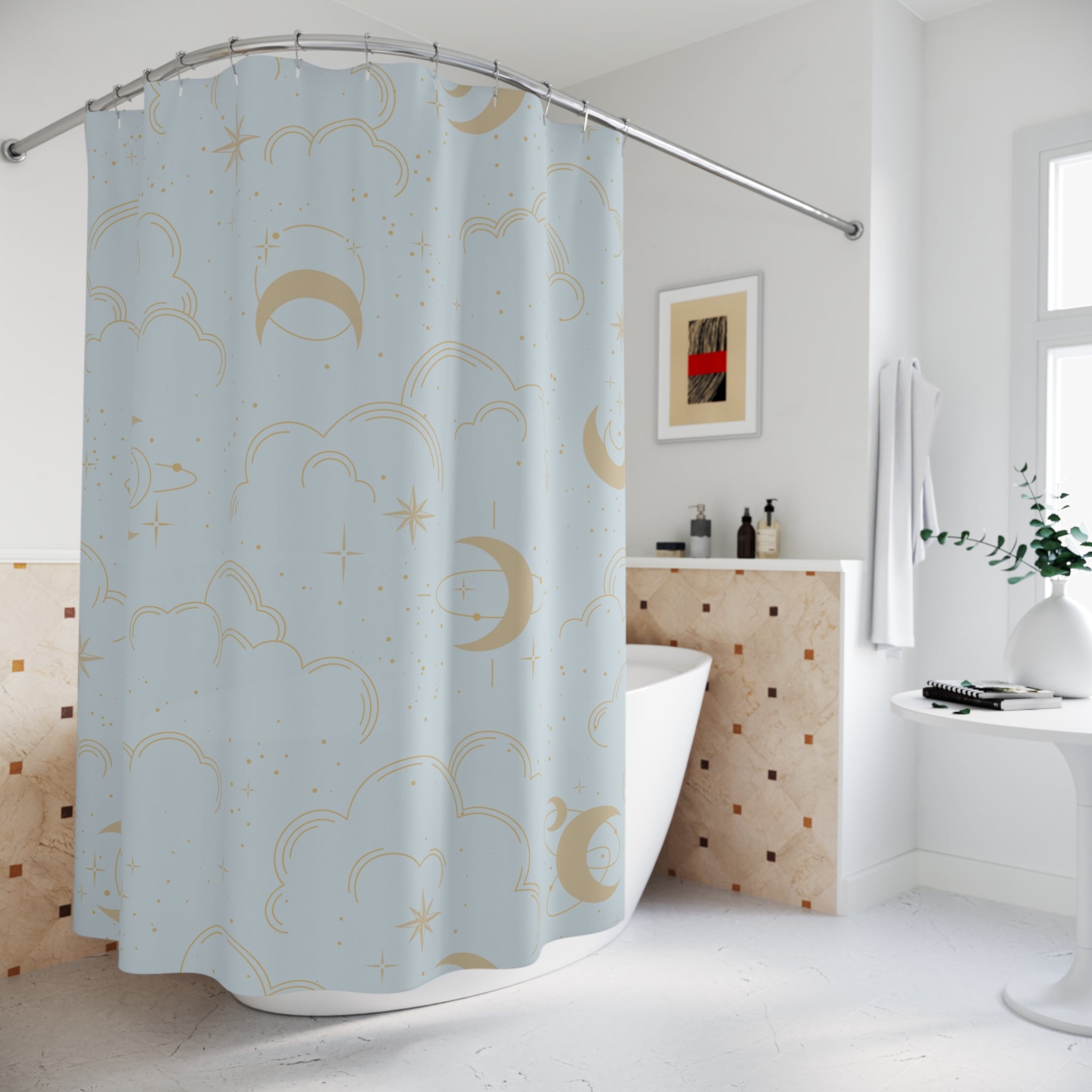Boho Shower Curtain | Cosmic Moon Clouds, Powder Blue Beige