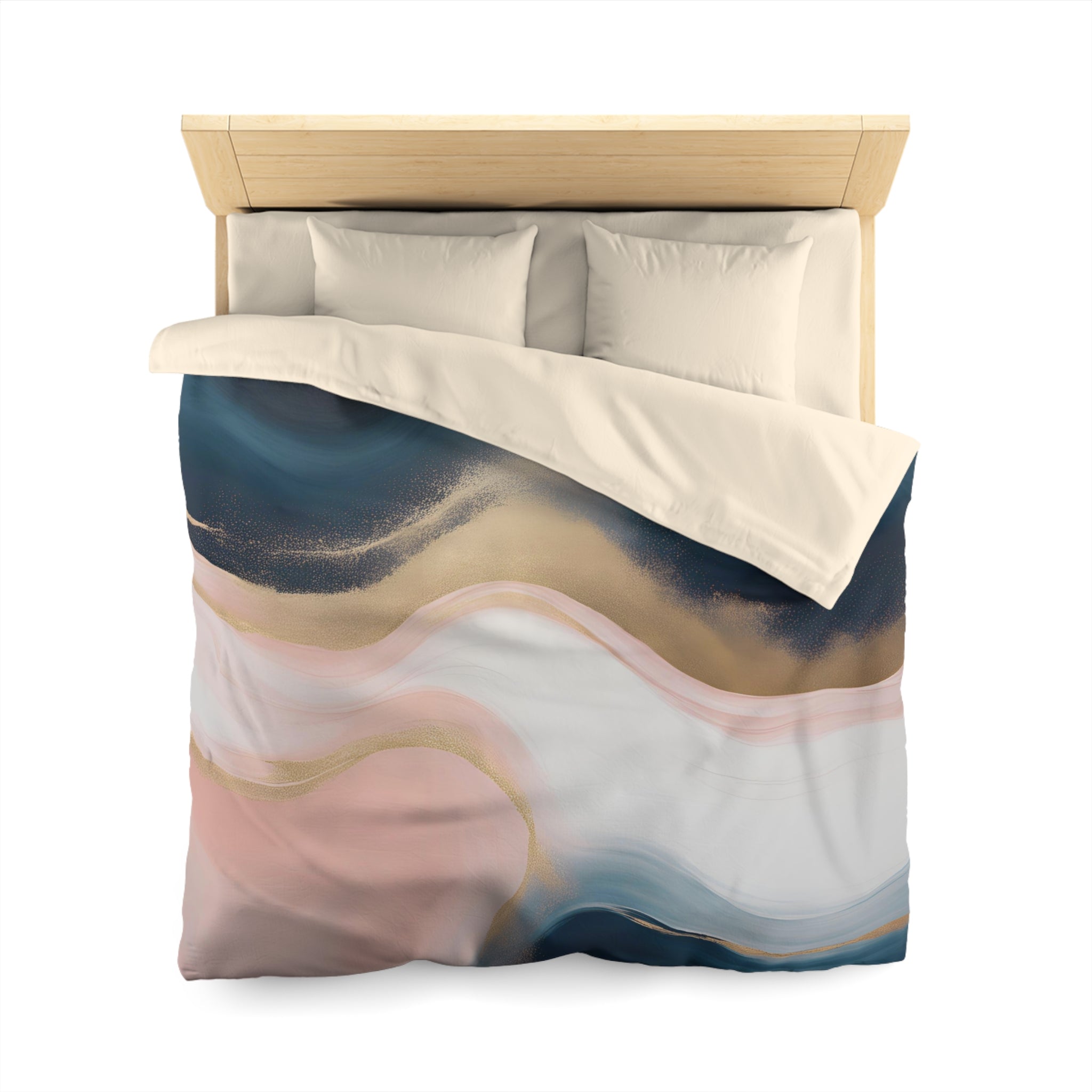 a bed with a colorful, abstract patterned comforter and pillows.