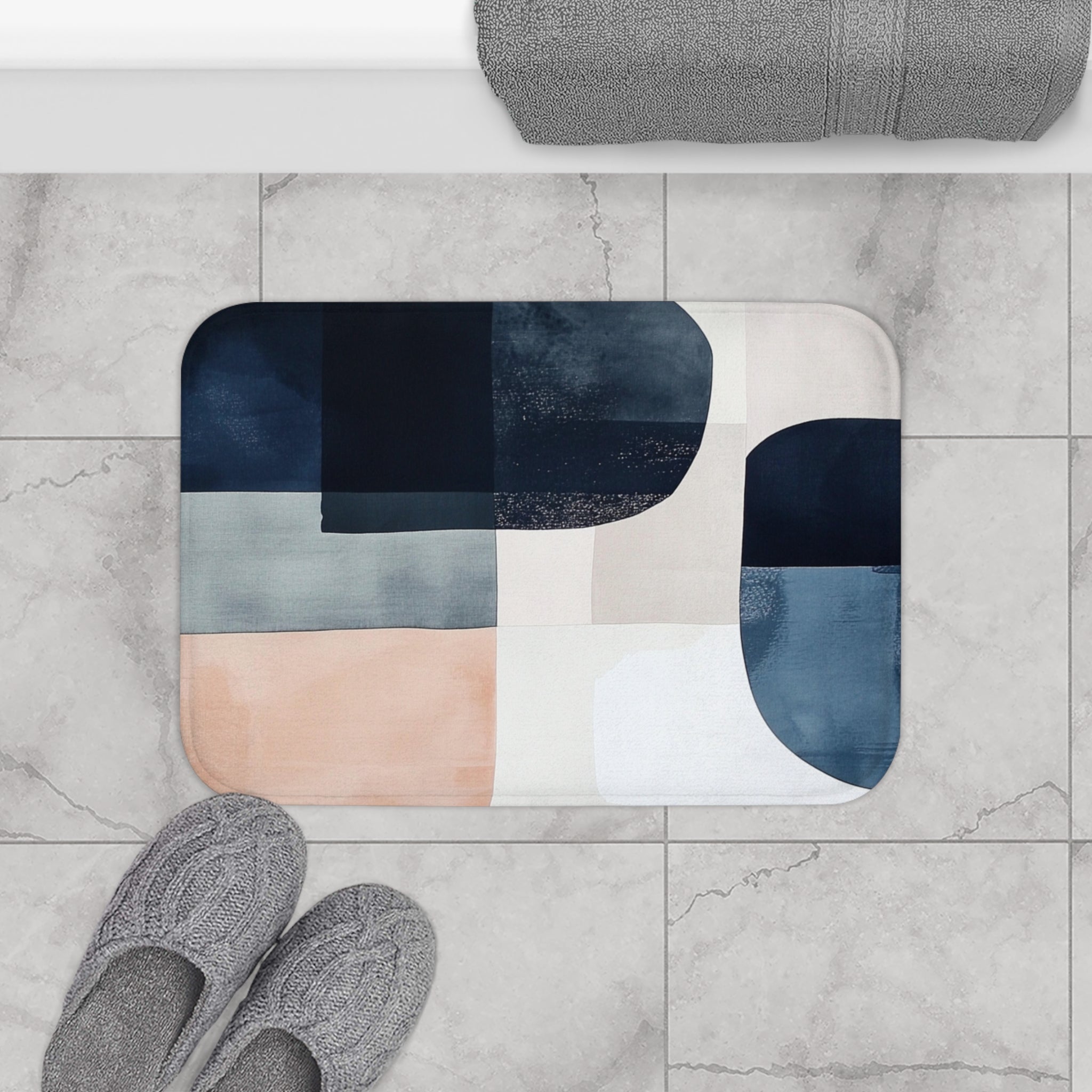 Abstract Bath Mat | Navy Blue, Blush Beige White Kitchen Mat