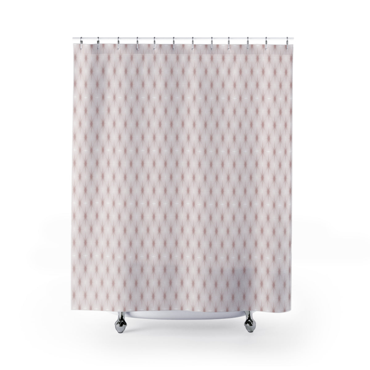 A shower curtain with a repeating pattern of small white dots or diamonds on a light pink background.