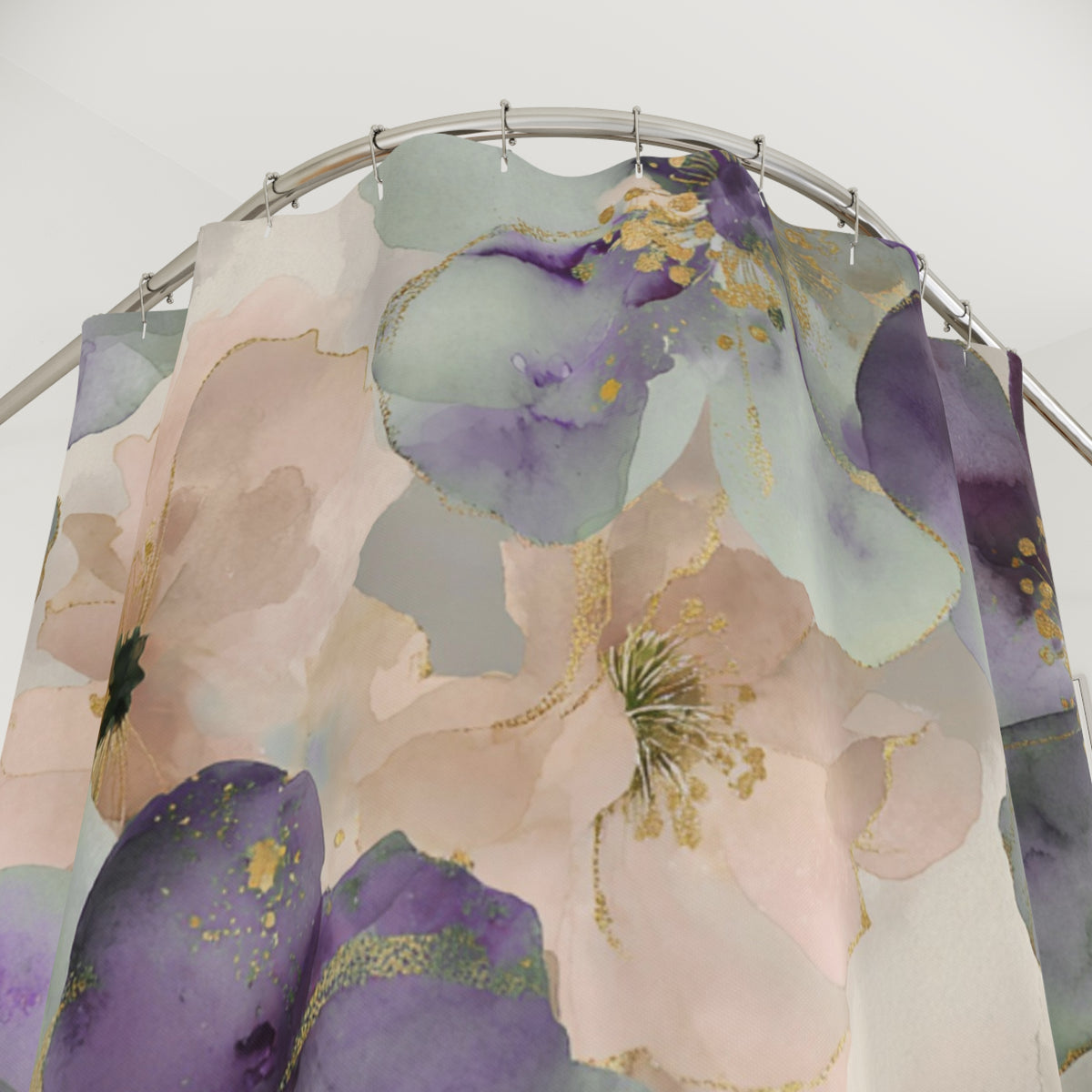 a shower curtain with a floral pattern in shades of purple, pink, and green.