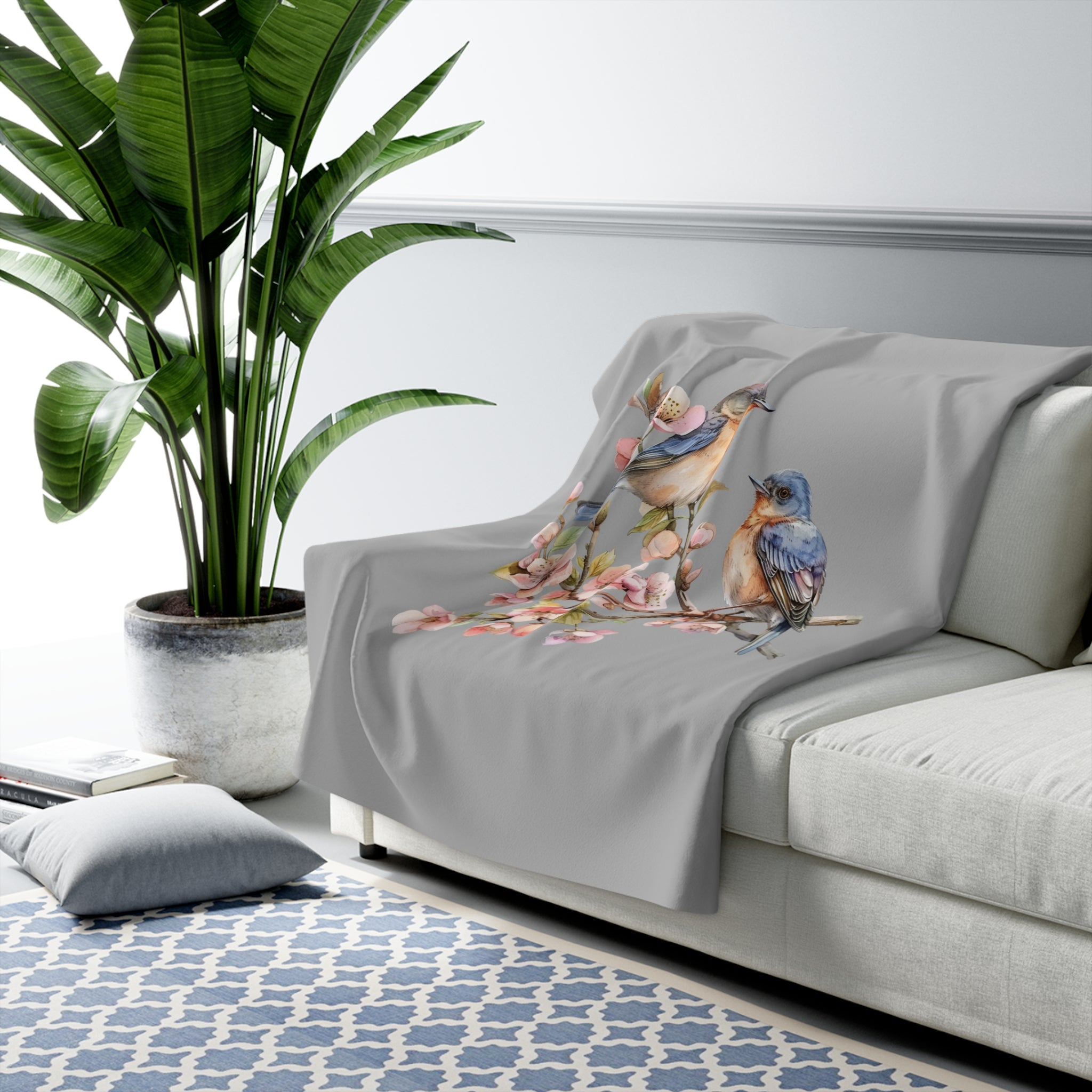 Bird Throw Blanket | Grey Pink Sakura Flowers