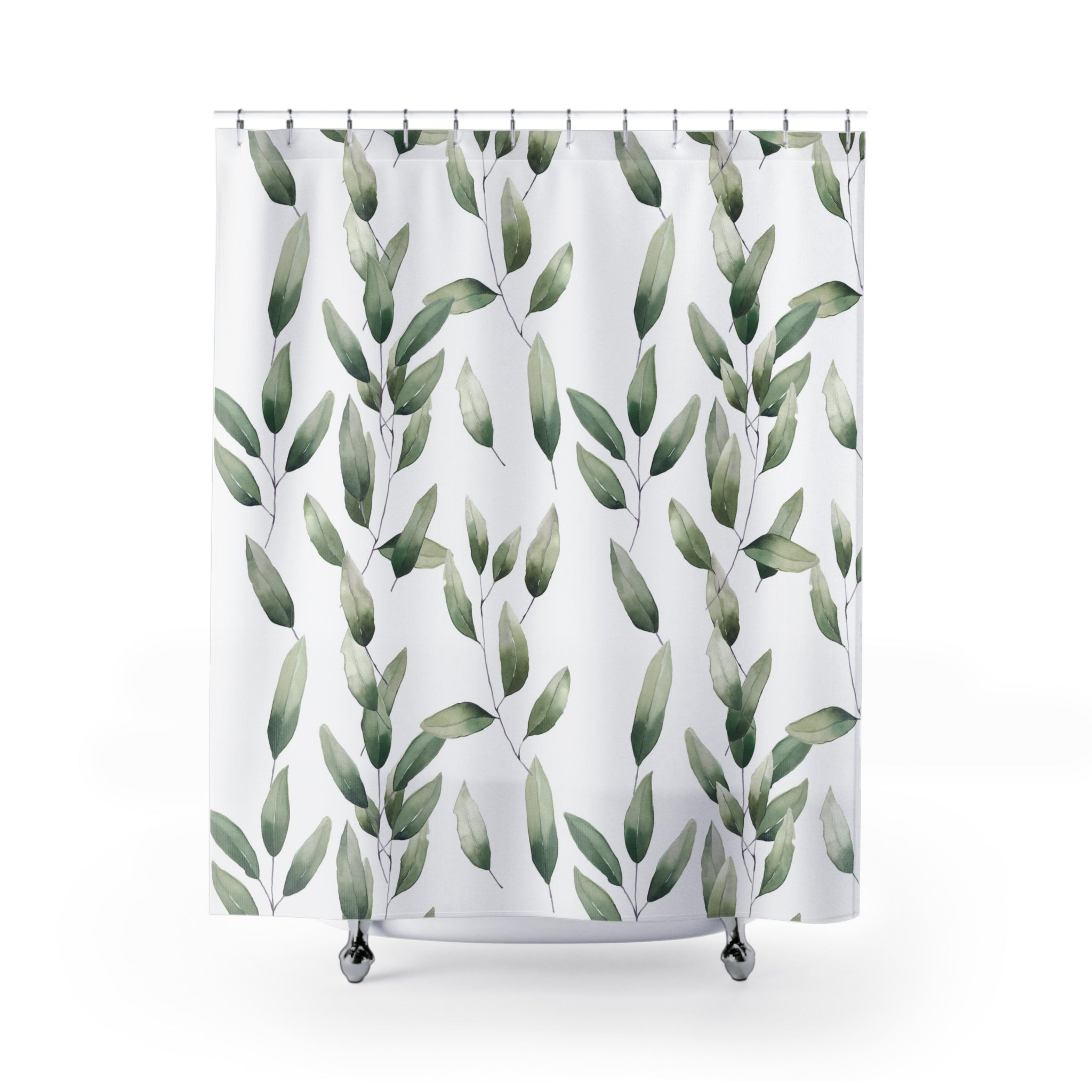 Boho Shower Curtain | Sage Green Leaves, White