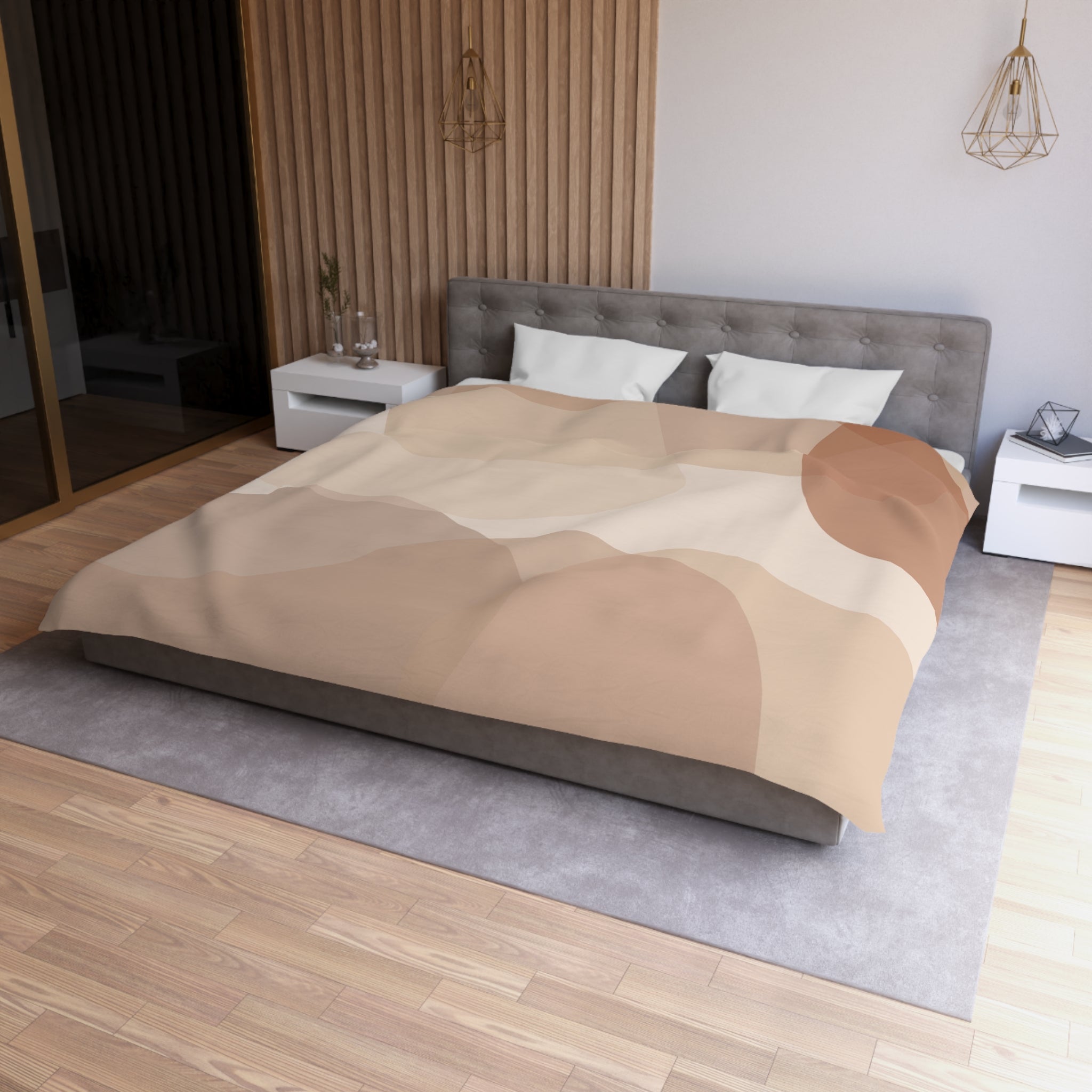a modern bedroom with a large bed, a gray headboard, and a wooden wall. The bed has a beige and brown patterned comforter, and there are two white pillows on it. The room also includes a nightstand, a rug, and a pendant light fixture.