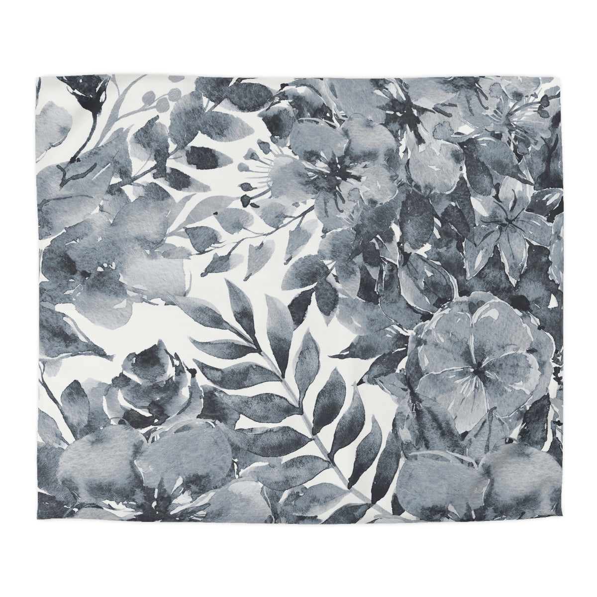 a black and white floral pattern with various flowers and leaves.