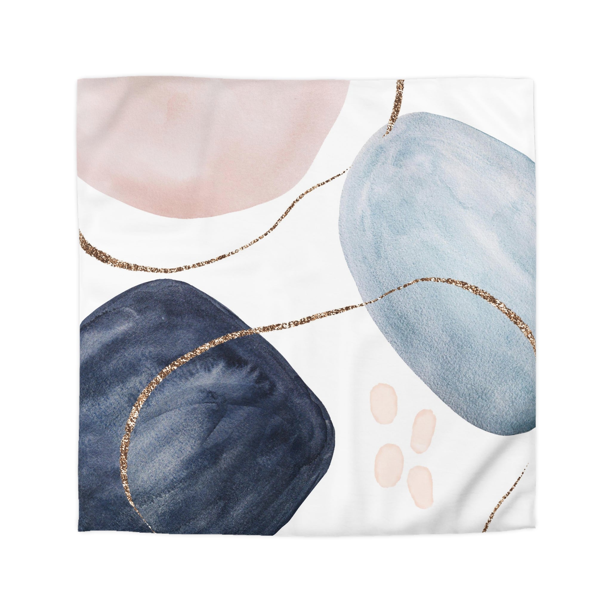 The image is a square with abstract watercolor-like shapes in various colors, including shades of pink, blue, and black, along with some gold lines.