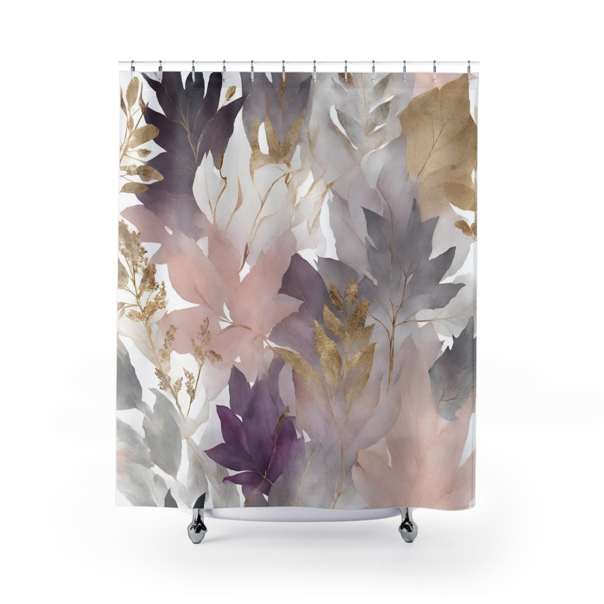 Boho Floral Shower Curtain | Blush Pink Grey, Beige Purple Leaves