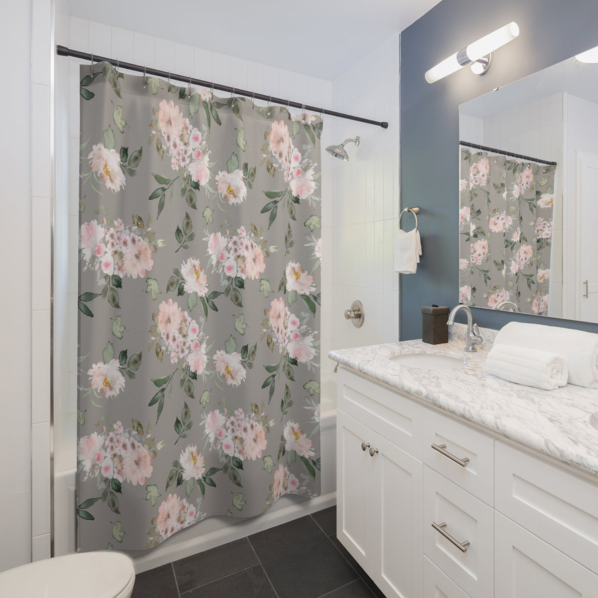 Blush Grey Watercolor Peony Shower Curtain, Bath Curtain 71x74