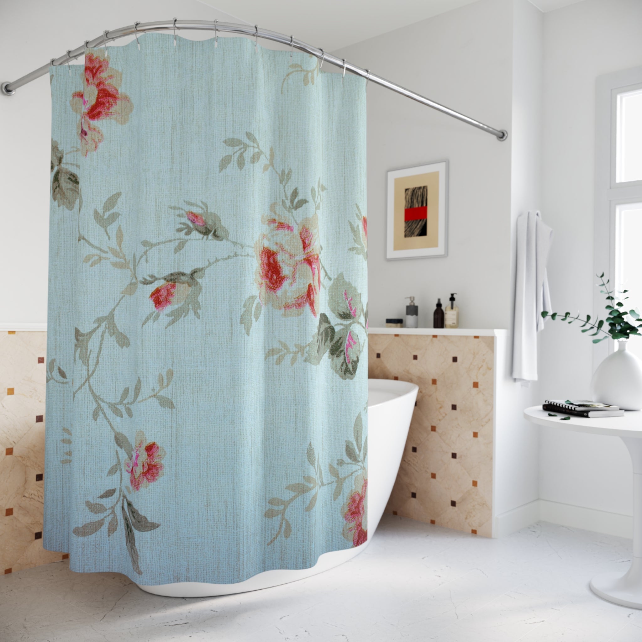 Boho Vintage Shower Curtain | Pale Blue Red Floral