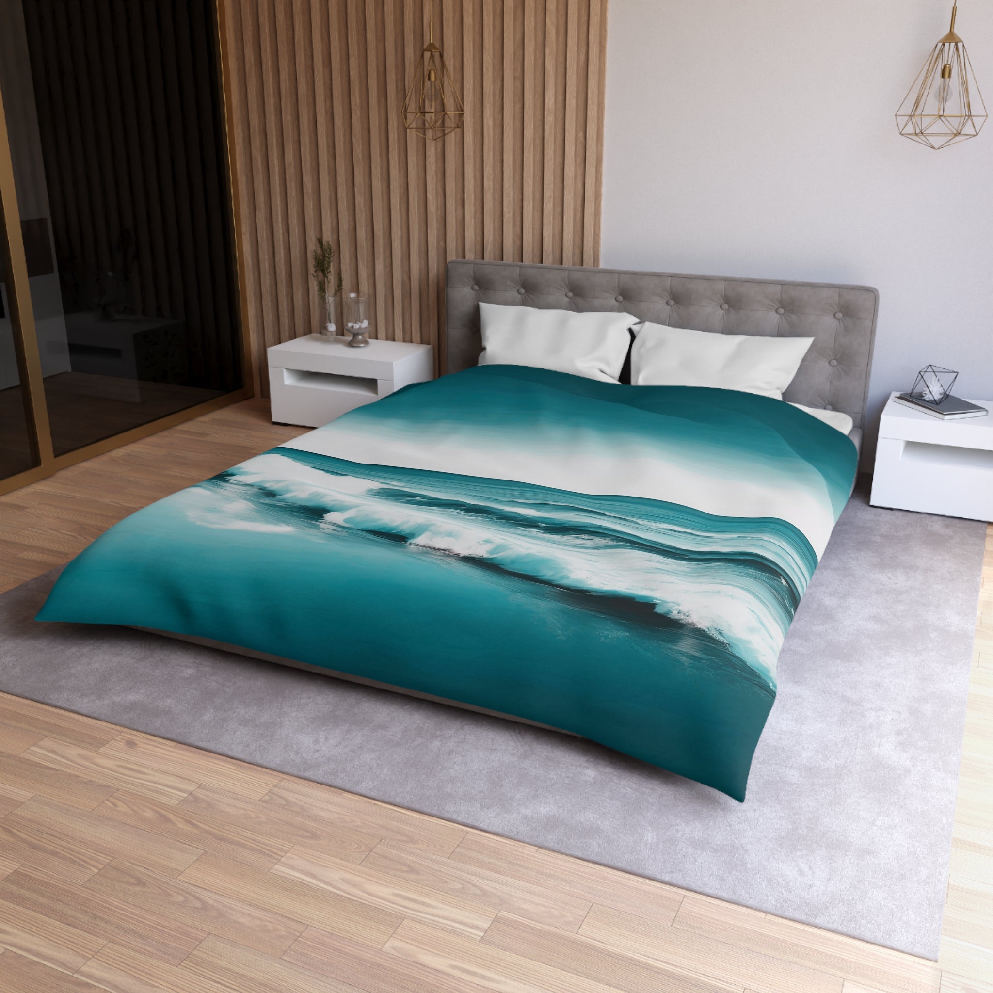 Teal Duvet Cover | Colorful Green White Waves Ombre | Bedroom Decor