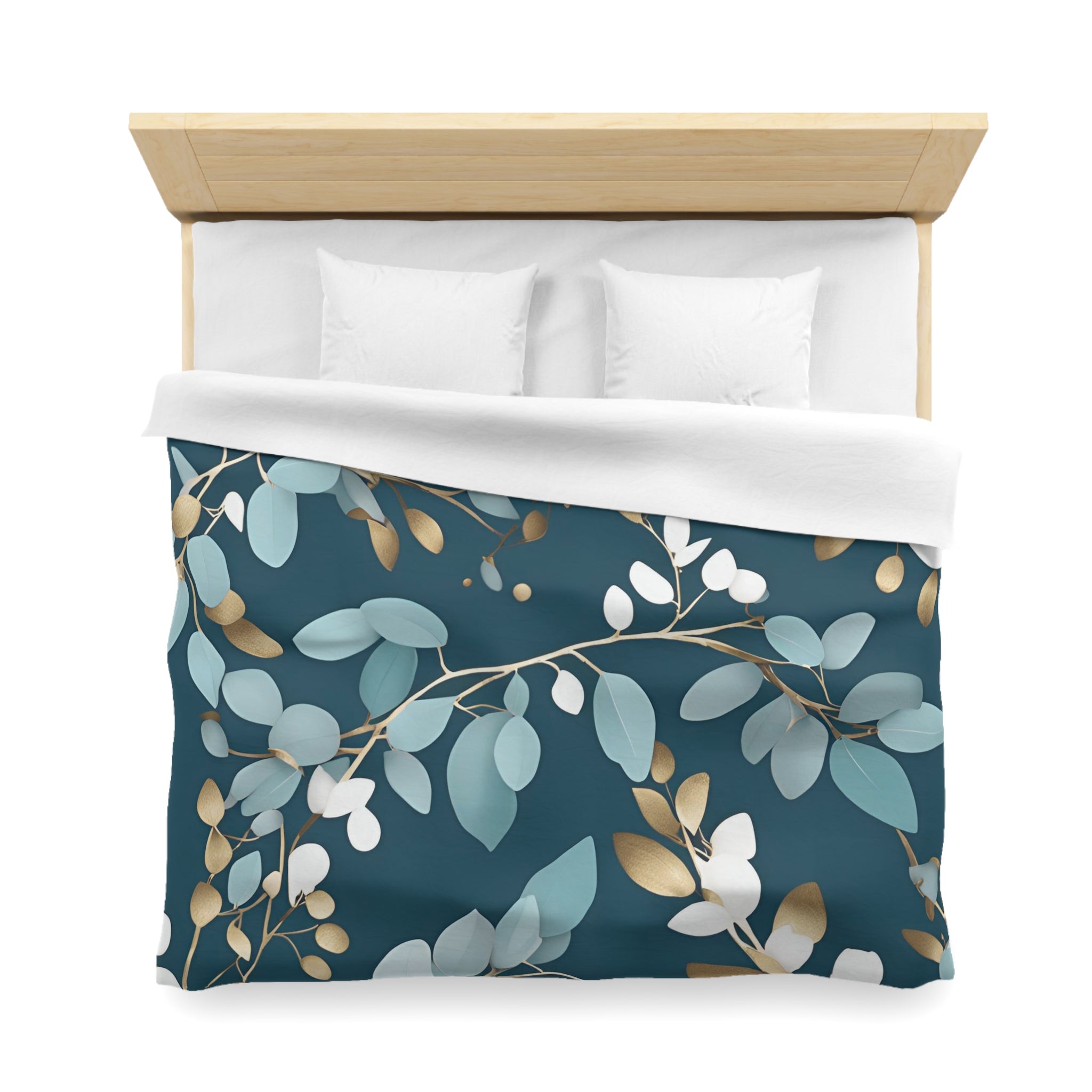 Floral Duvet Cover | Navy, Blue Muted Gold Beige, White Eucalyptus Leaves Bedding Decor | Bedroom Decor