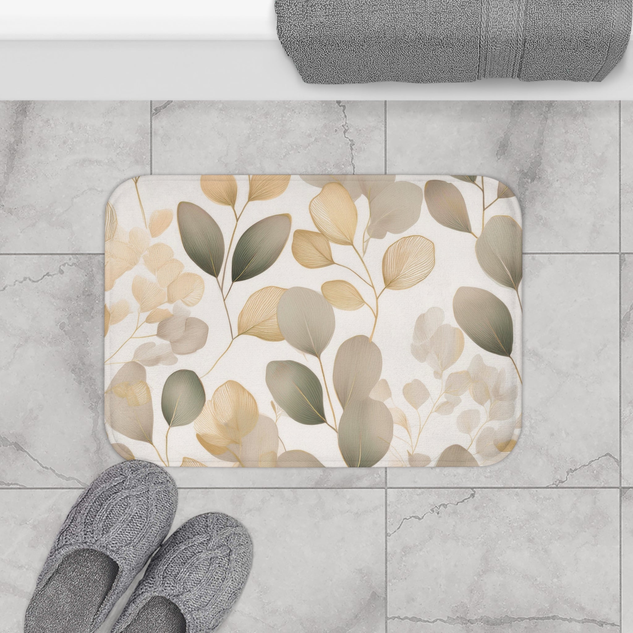 Beige Floral Bath Mat | Neutral Earthy Grey Cream Kitchen Mat