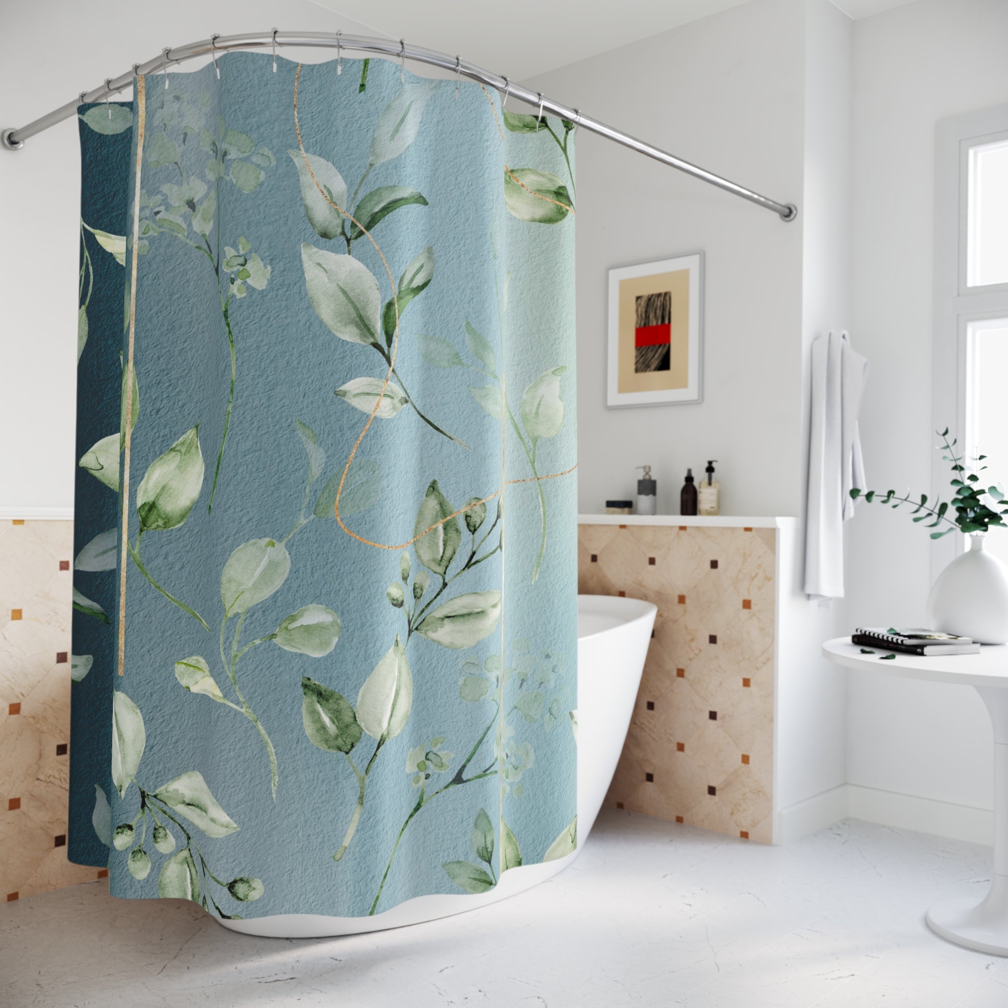 Boho Floral Shower Curtain | Navy Dusty Blue, Sage Green Leaves
