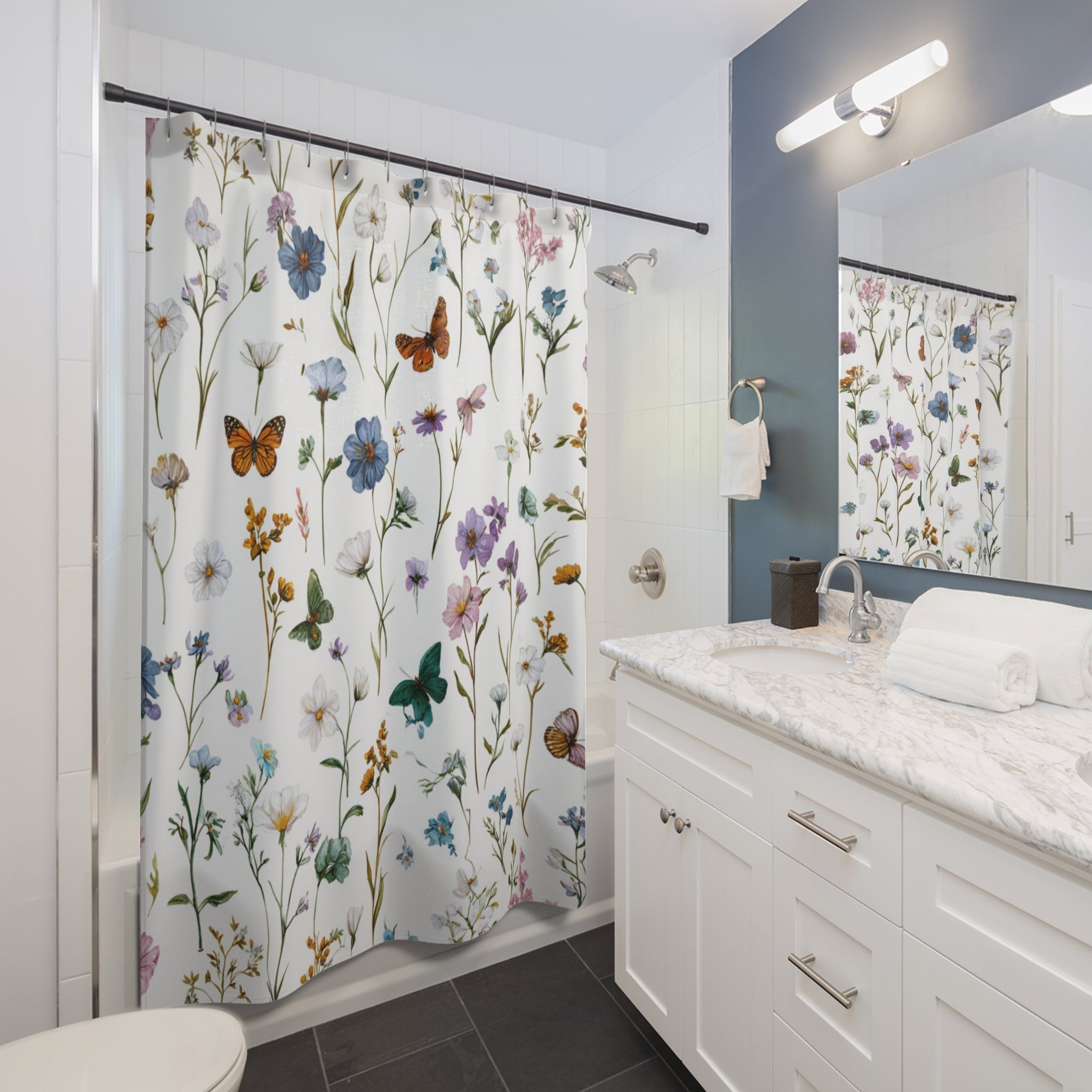 Floral Shower Curtain | Garden, Butterflies, Spa Bathroom Decor