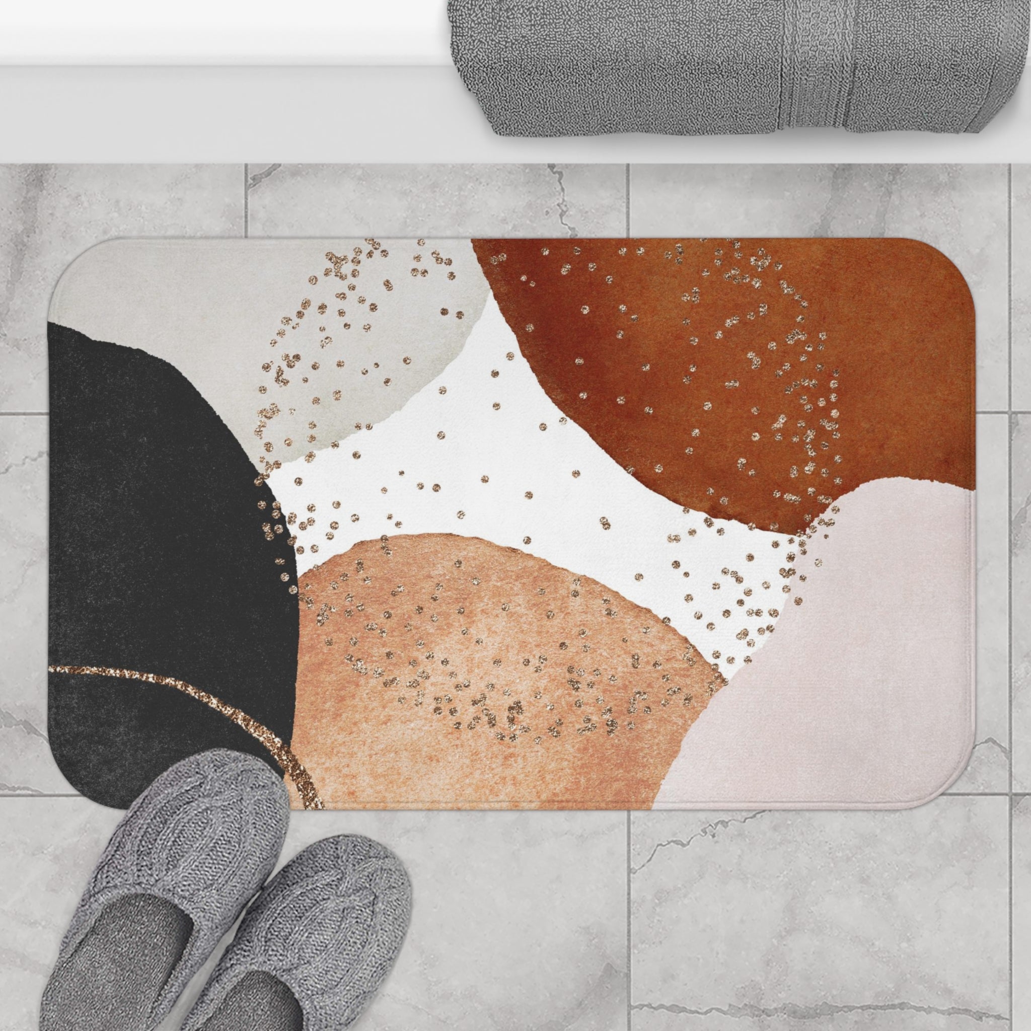 Boho Floral Bath, Kitchen Mat | Modern Rust Beige, Grey Black