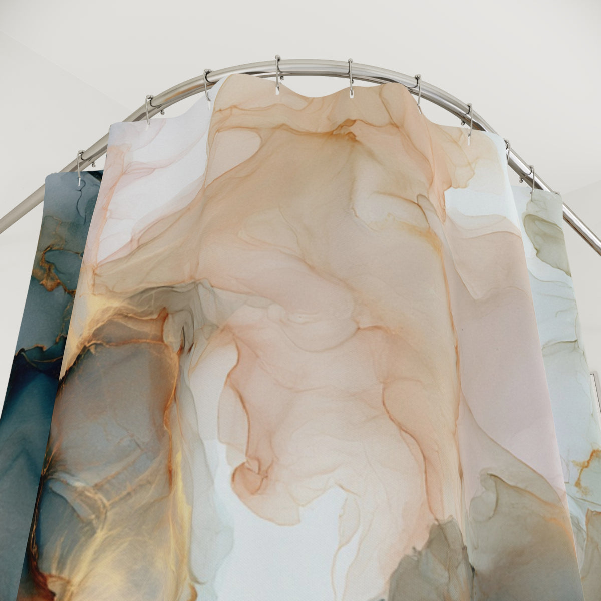 a shower curtain with a unique abstract design, featuring swirling patterns in shades of orange, beige, and gray.