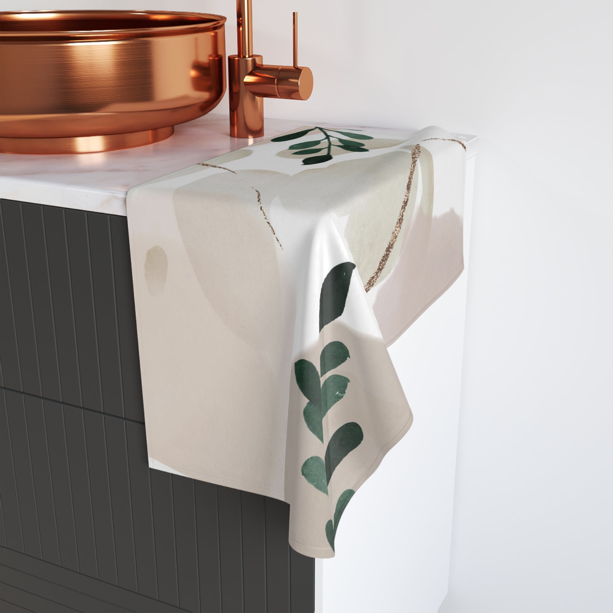 Abstract Kitchen, Bath Hand Towel | Blush Beige, Green Leaves