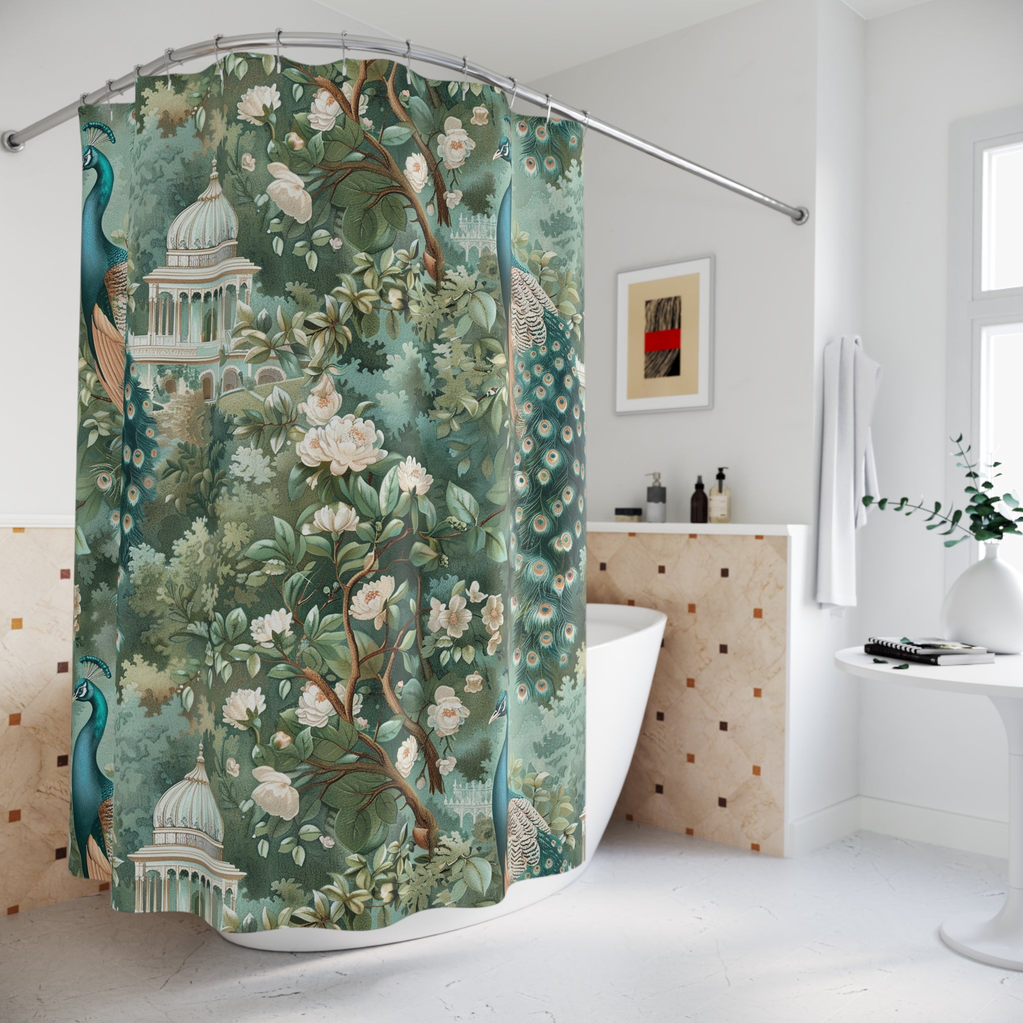 Vintage Shower Curtain | Peacock Forest Floral Botanical