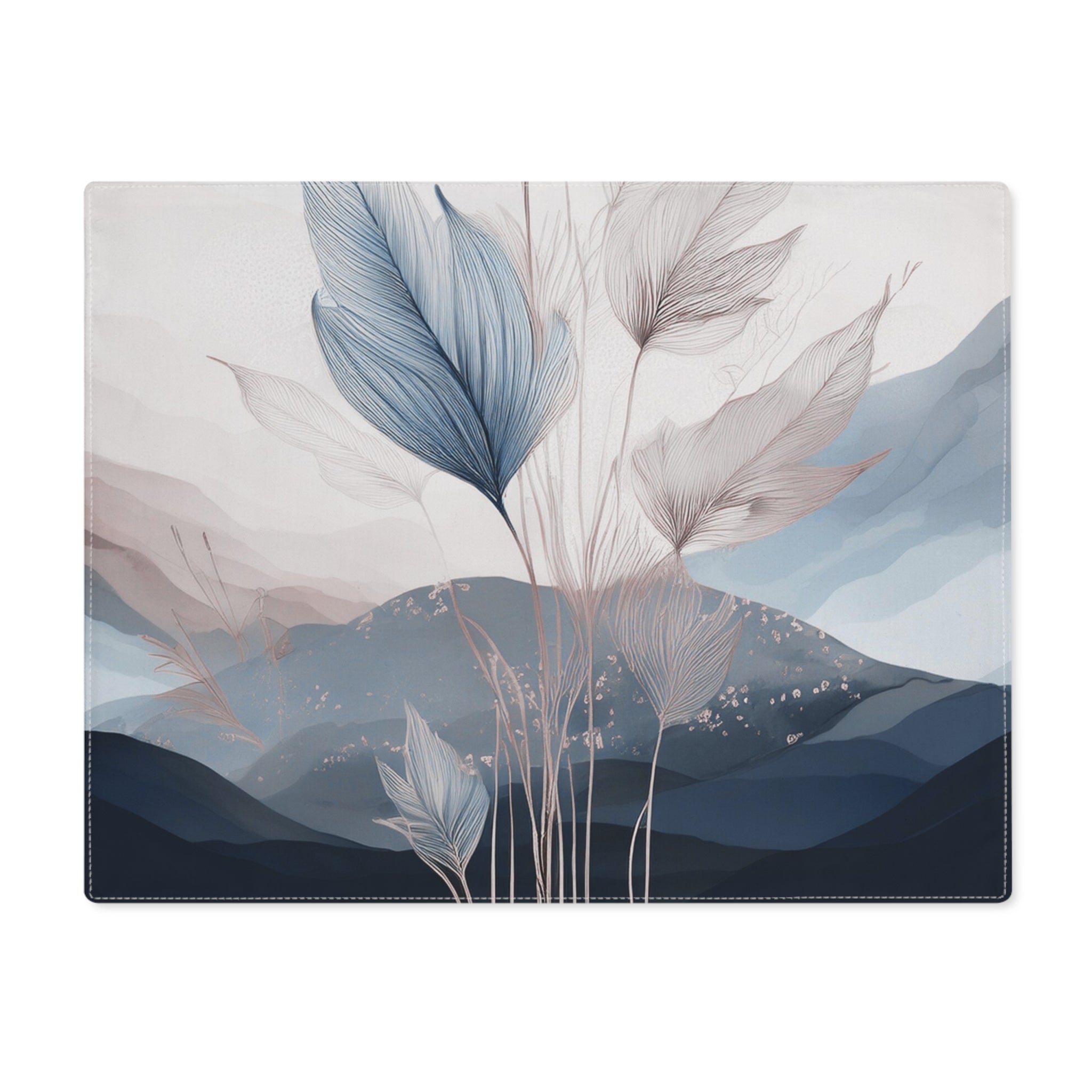 Placemat - Floral Dining Table Placemats, Navy Blue White, Beige Leaves