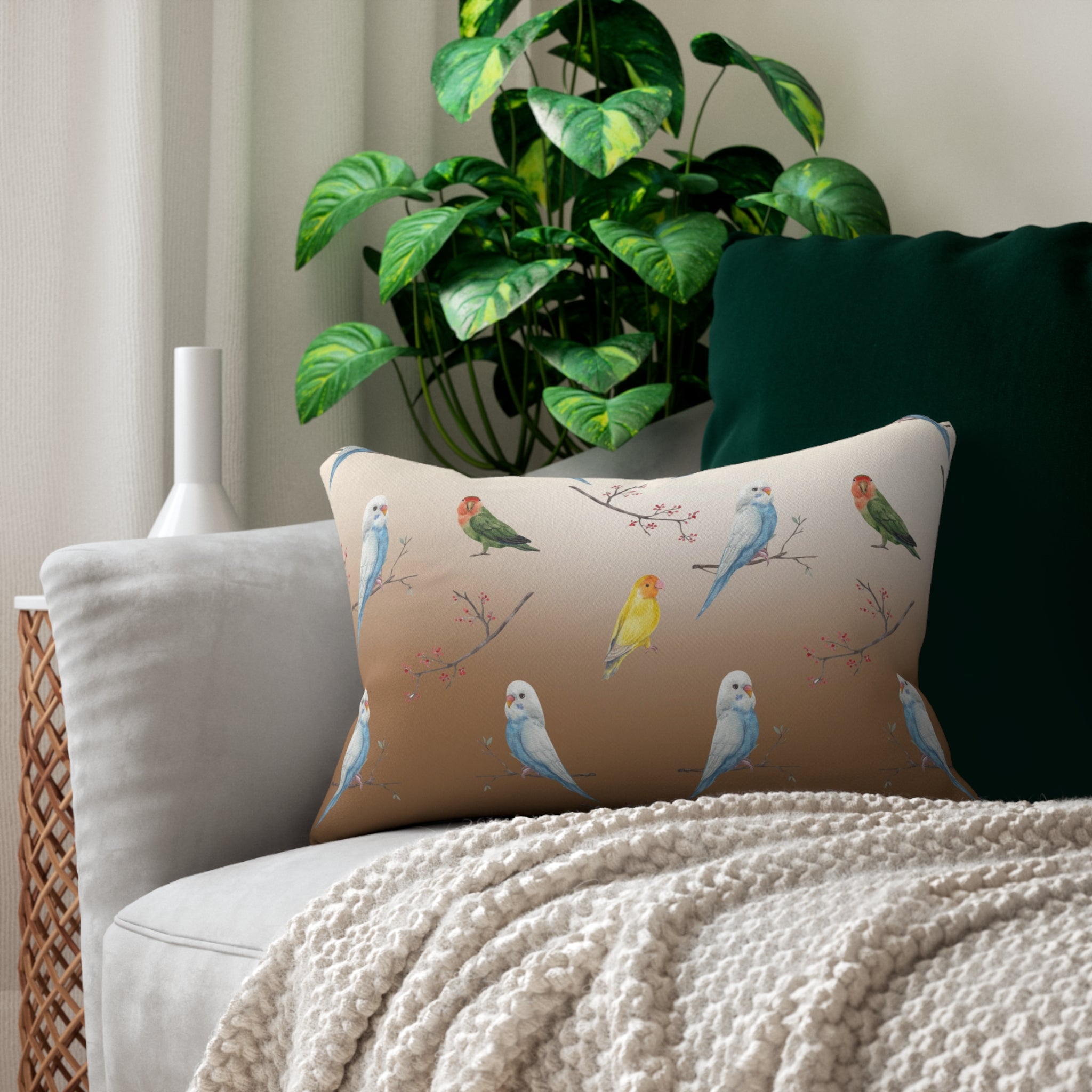 Boho Lumbar Pillow | Canary Birds, Beige Brown