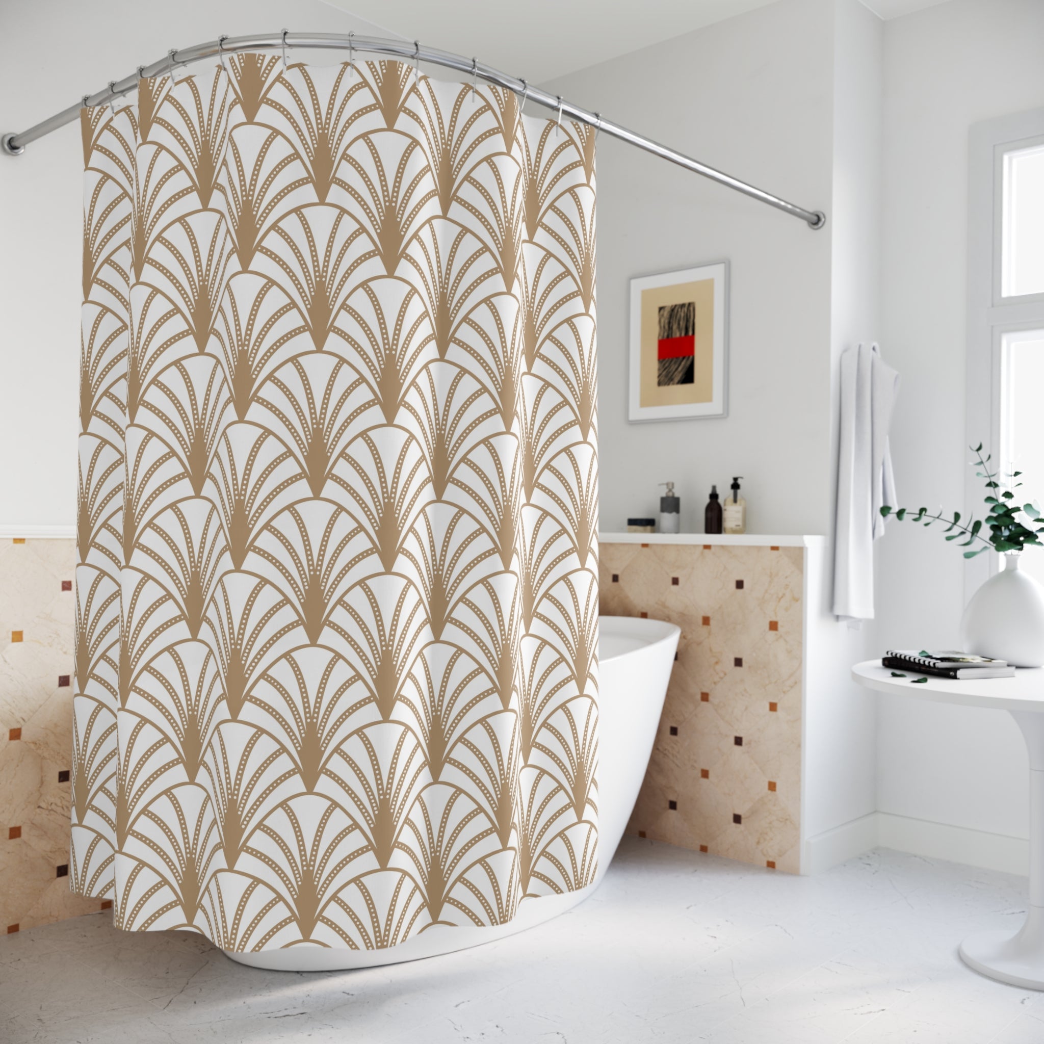 Boho Art Deco Shower Curtain | Beige White Art Nouveau